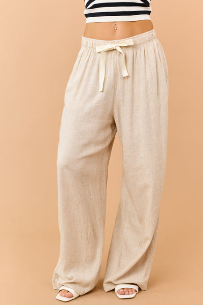 Beige Linen Blend Drawstring Wide Leg Pants