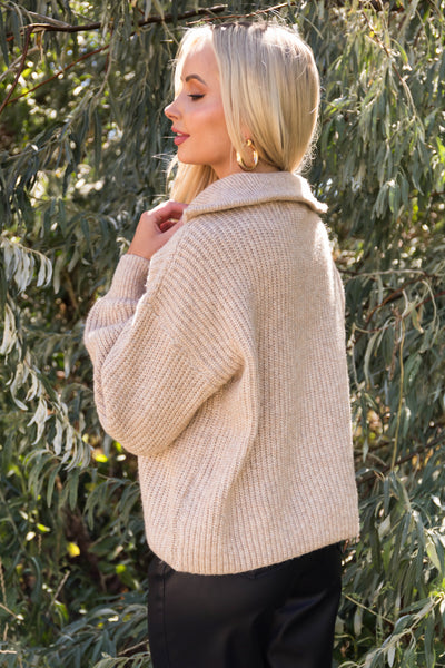 Beige Long Bubble Sleeve Ribbed Knit Sweater