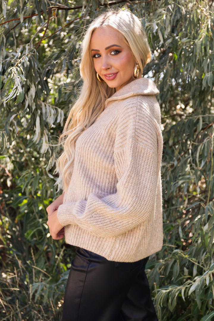 Beige Long Bubble Sleeve Ribbed Knit Sweater