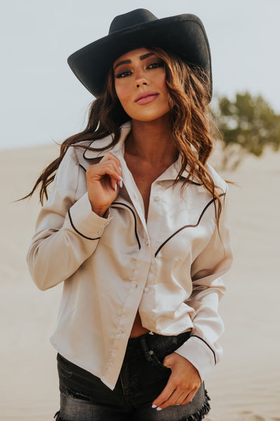 Beige Long Sleeve Collared Button Up Satin Top