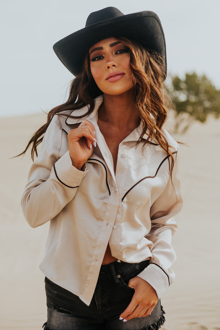Beige Long Sleeve Collared Button Up Satin Top