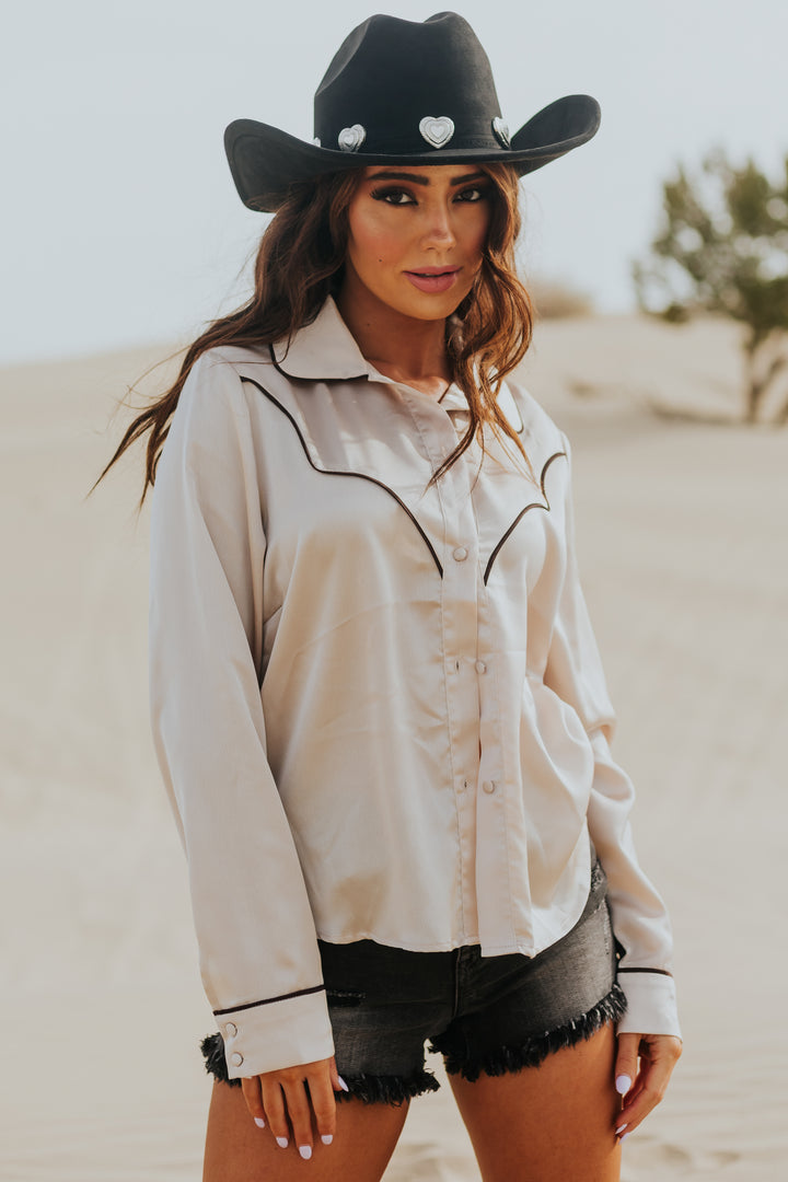 Beige Long Sleeve Collared Button Up Satin Top