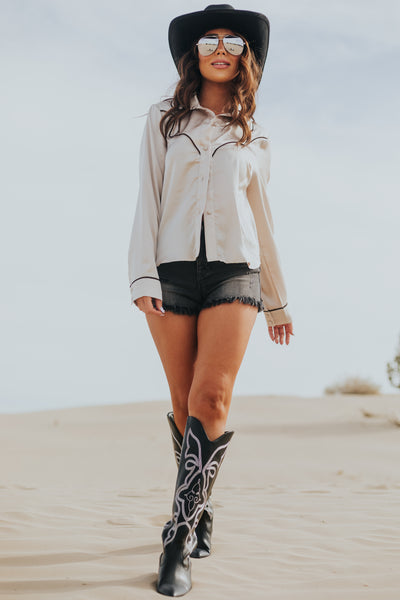 Beige Long Sleeve Collared Button Up Satin Top