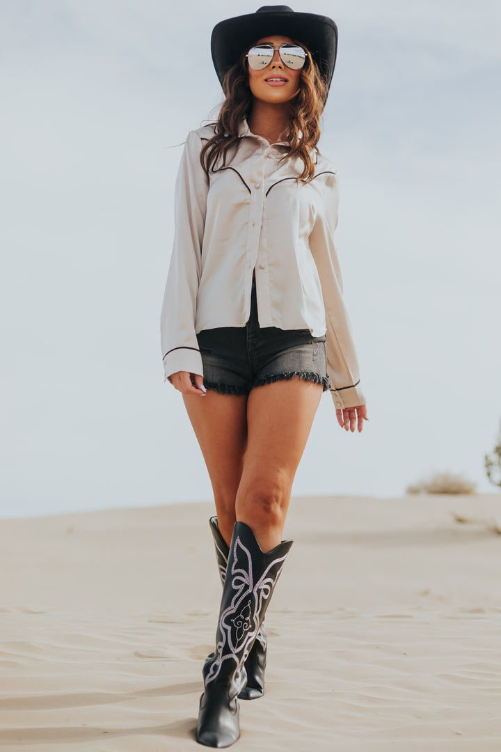 Beige Long Sleeve Collared Button Up Satin Top