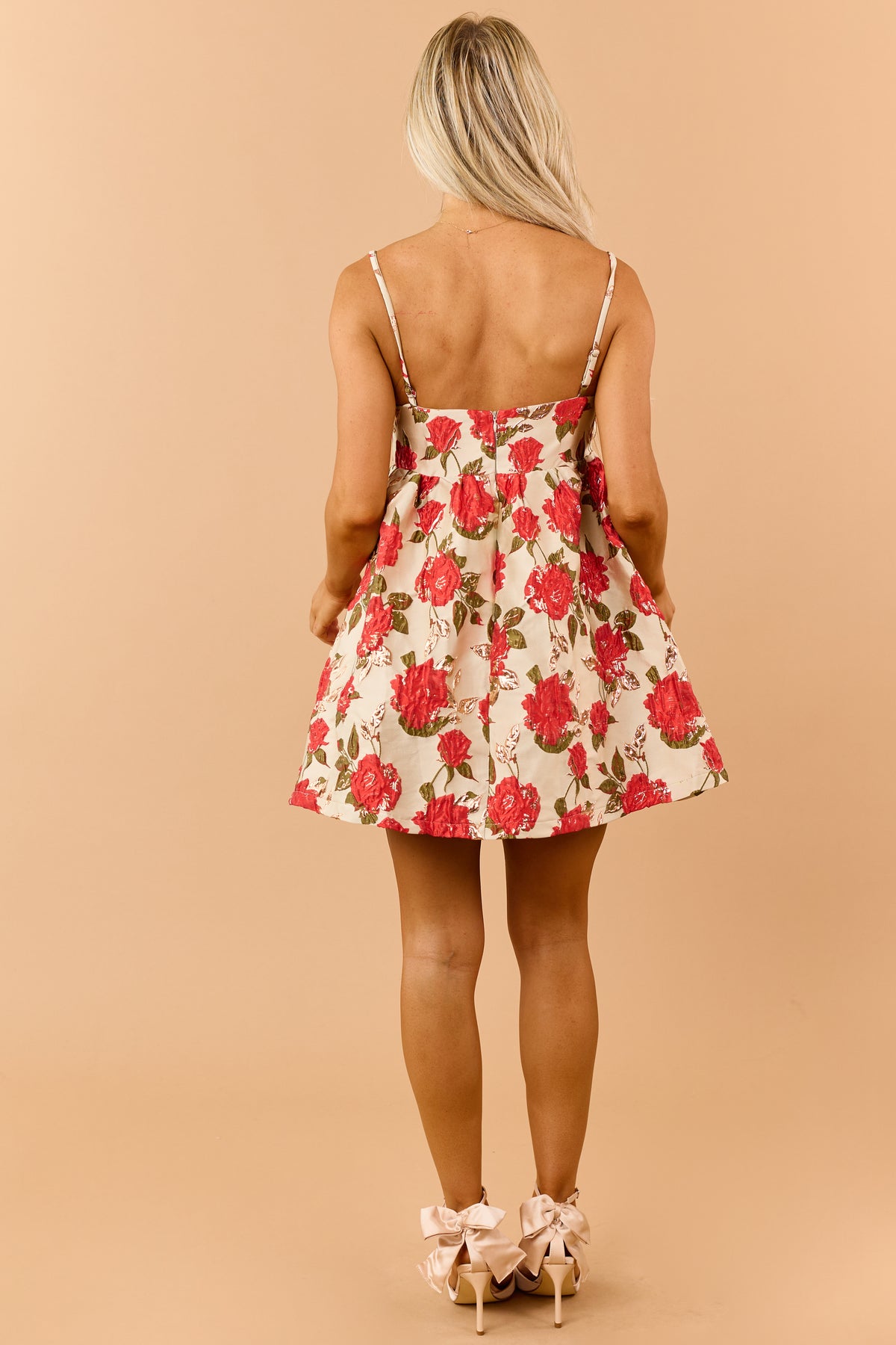 Beige Metallic Floral Jacquard Front Bow Mini Dress
