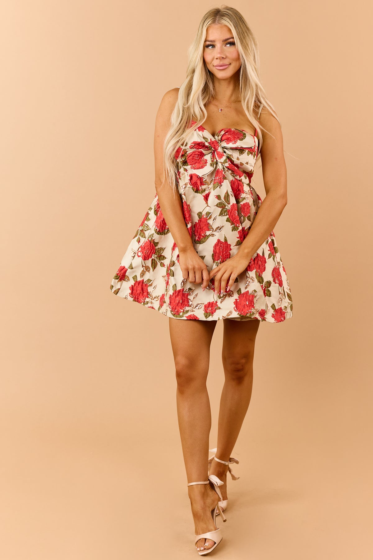 Beige Metallic Floral Jacquard Front Bow Mini Dress