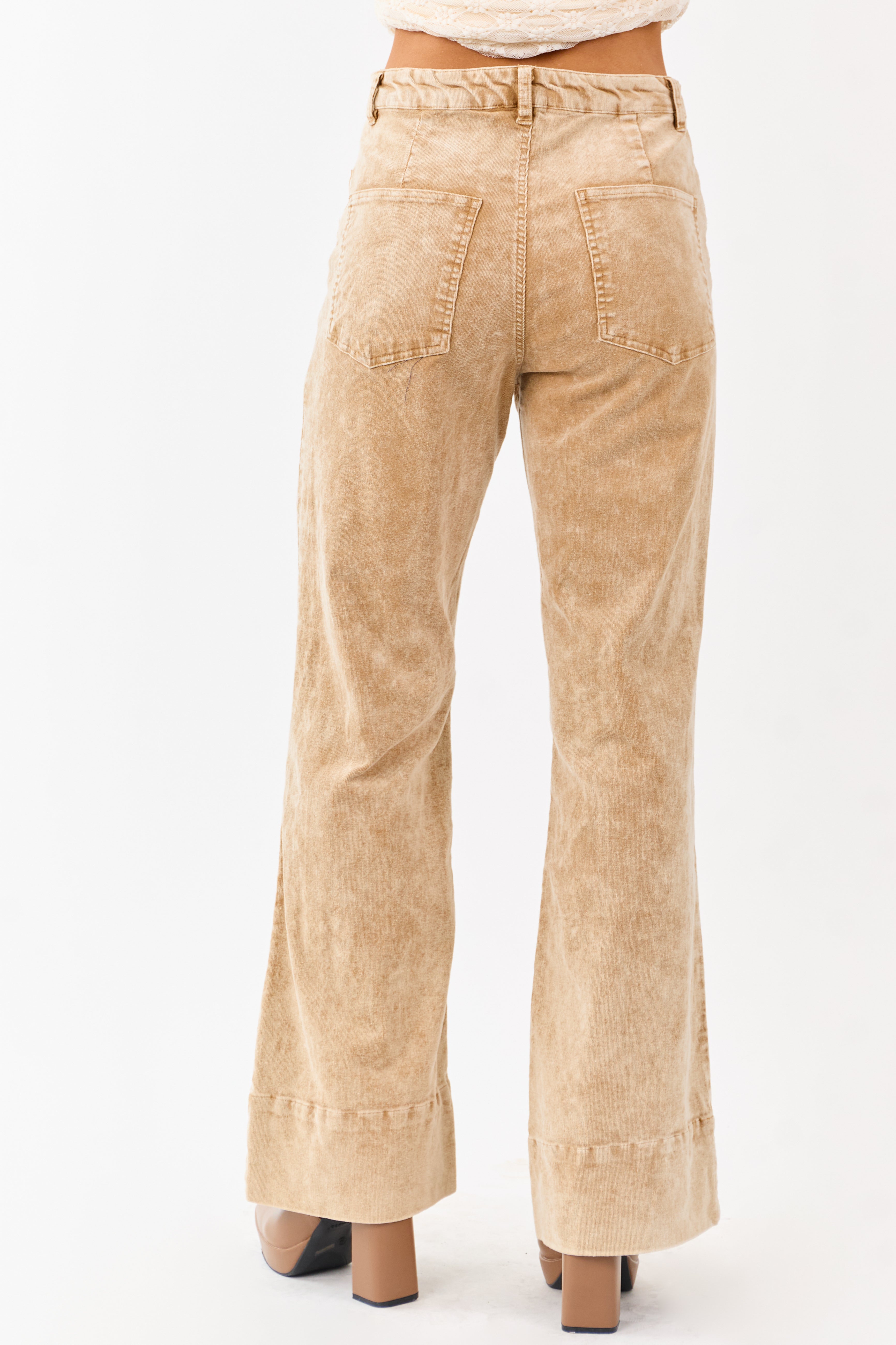 Beige Mineral Wash Corduroy Flare Pants