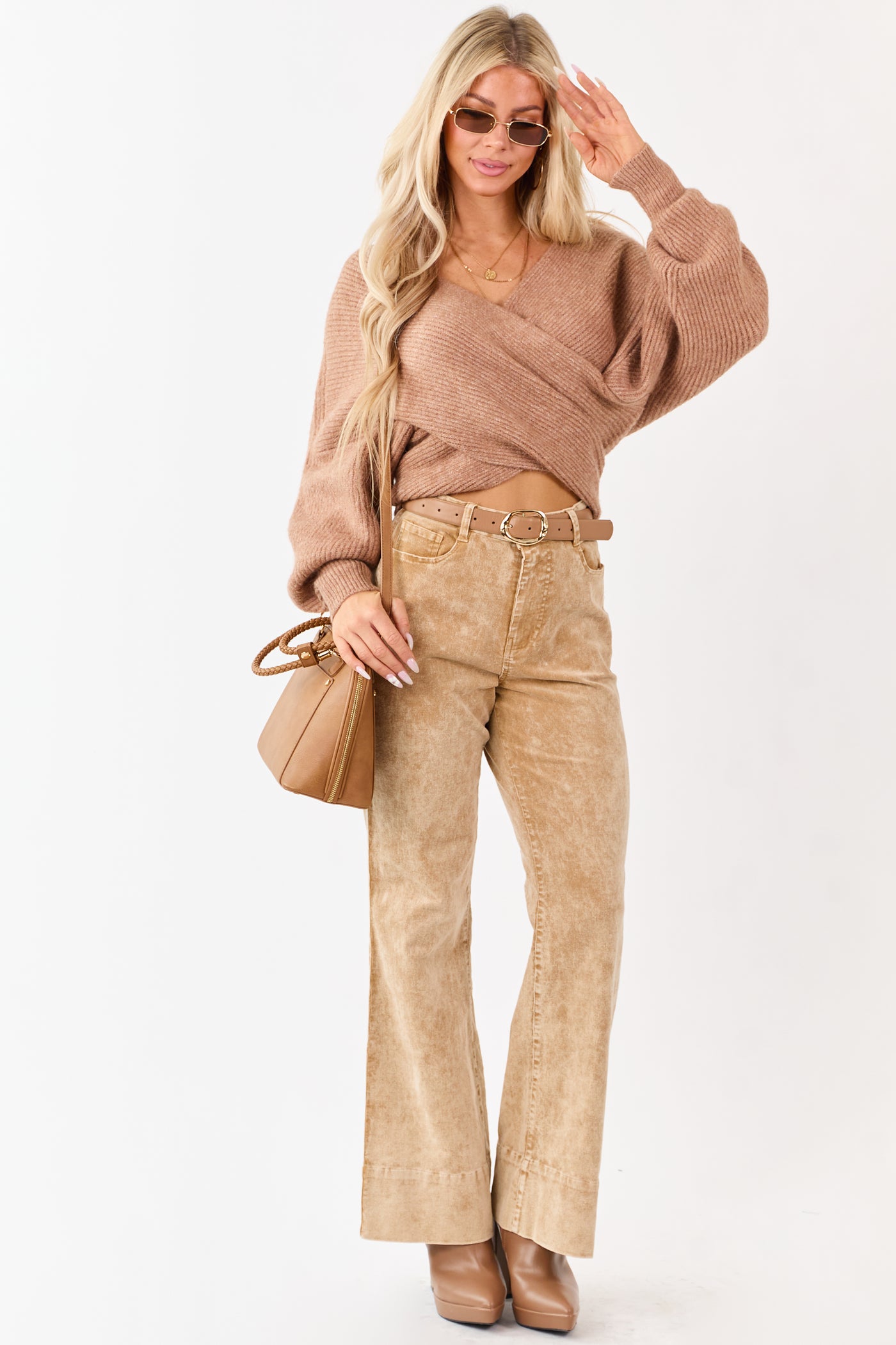 Beige Mineral Wash Corduroy Flare Pants