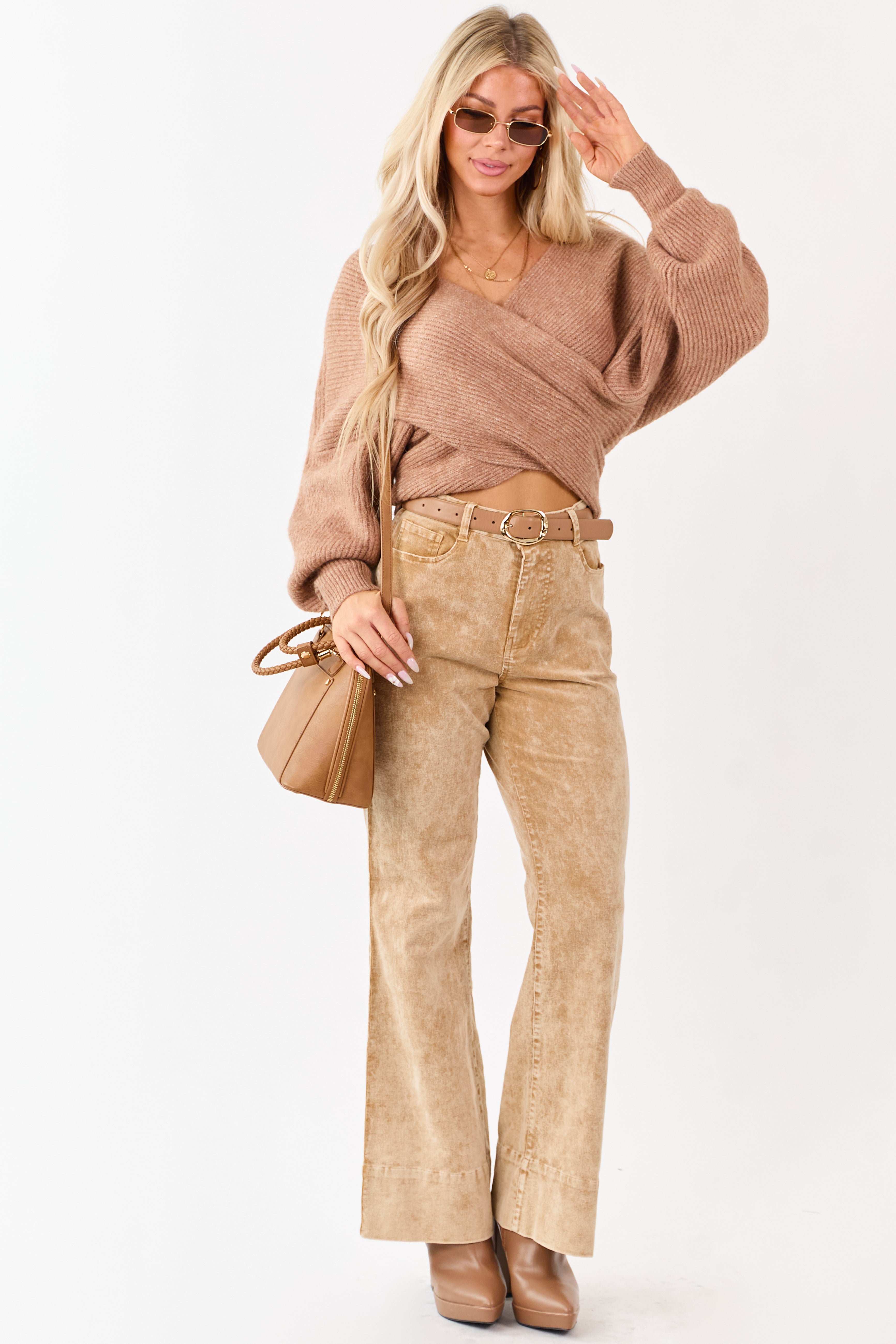 Beige Mineral Wash Corduroy Flare Pants