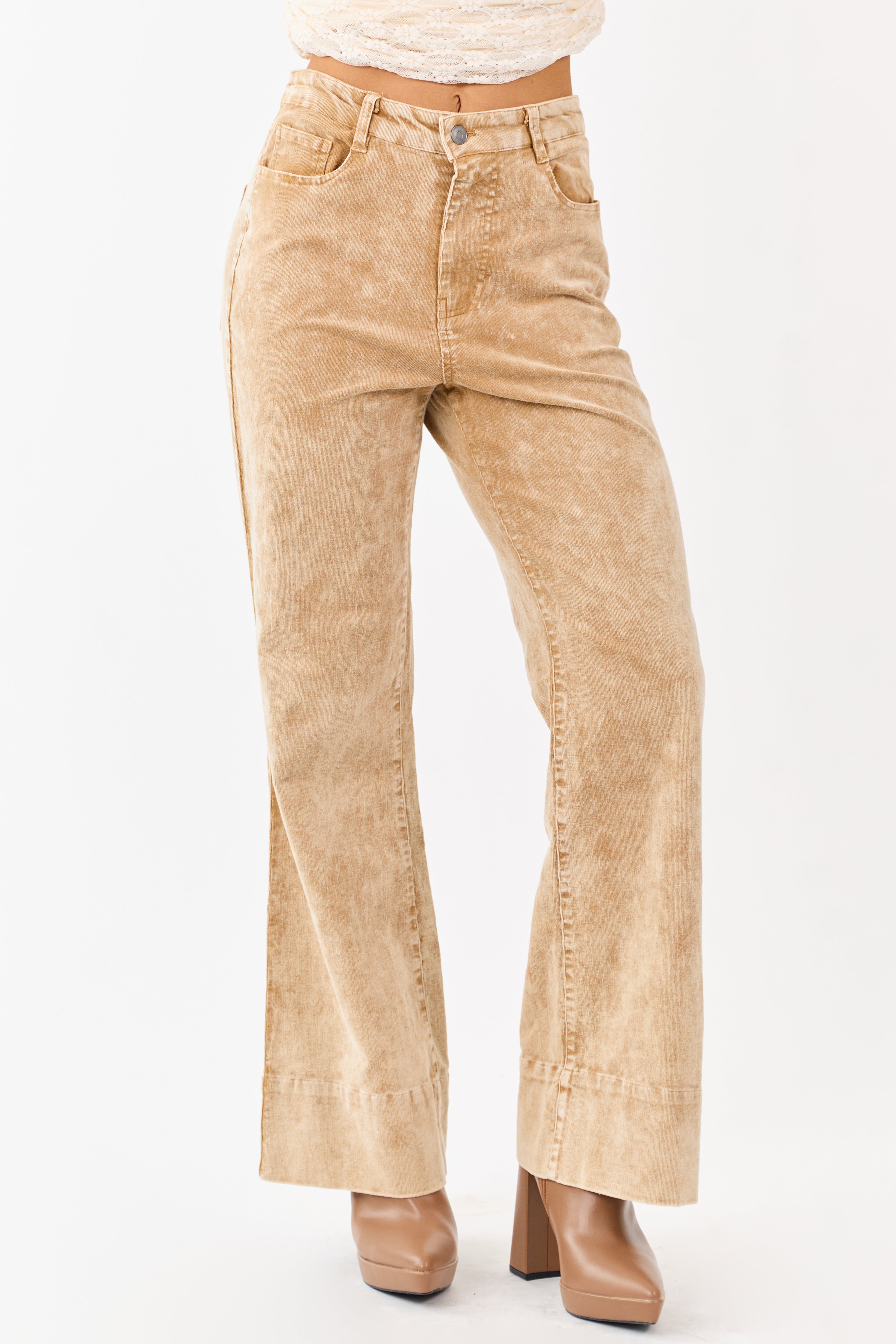 【美品】GREED 完売❣️ITALY COTTON FLARESLEEVE Beige Mineral Wash Corduroy Flare Pants | Lime Lush Boutique