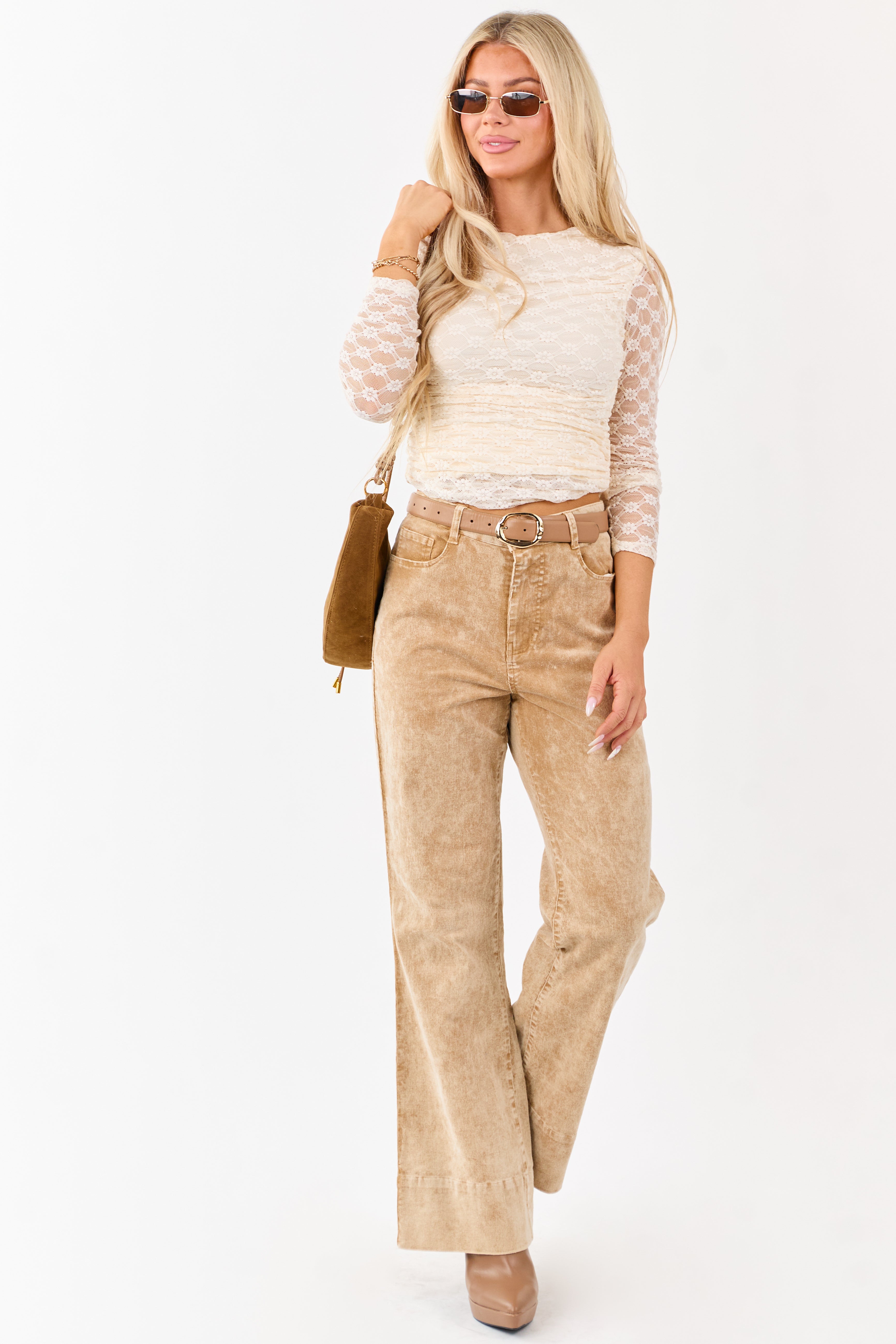 Beige Mineral Wash Corduroy Flare Pants