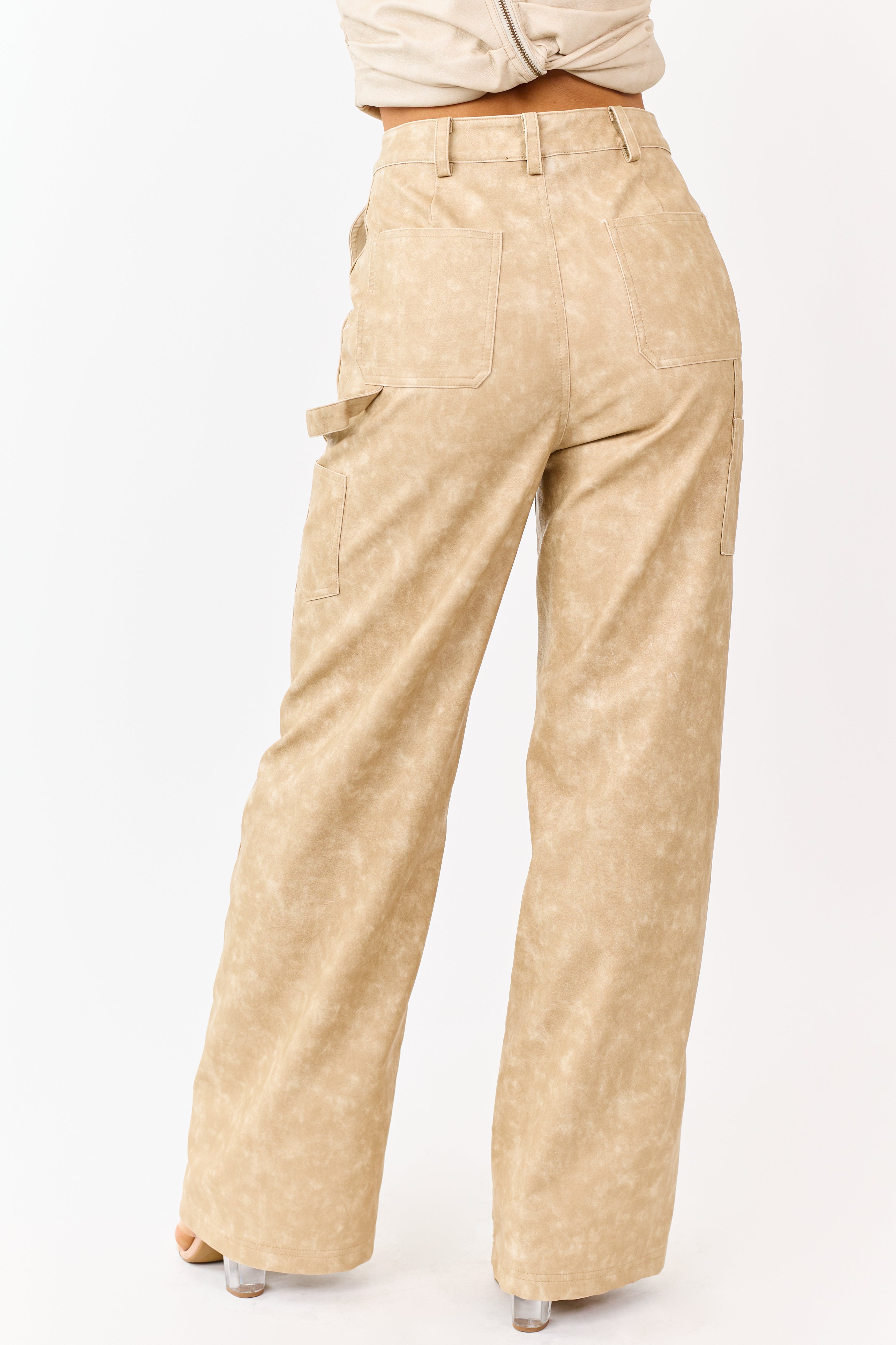 Beige Mineral Wash Faux Leather Wide Leg Pants