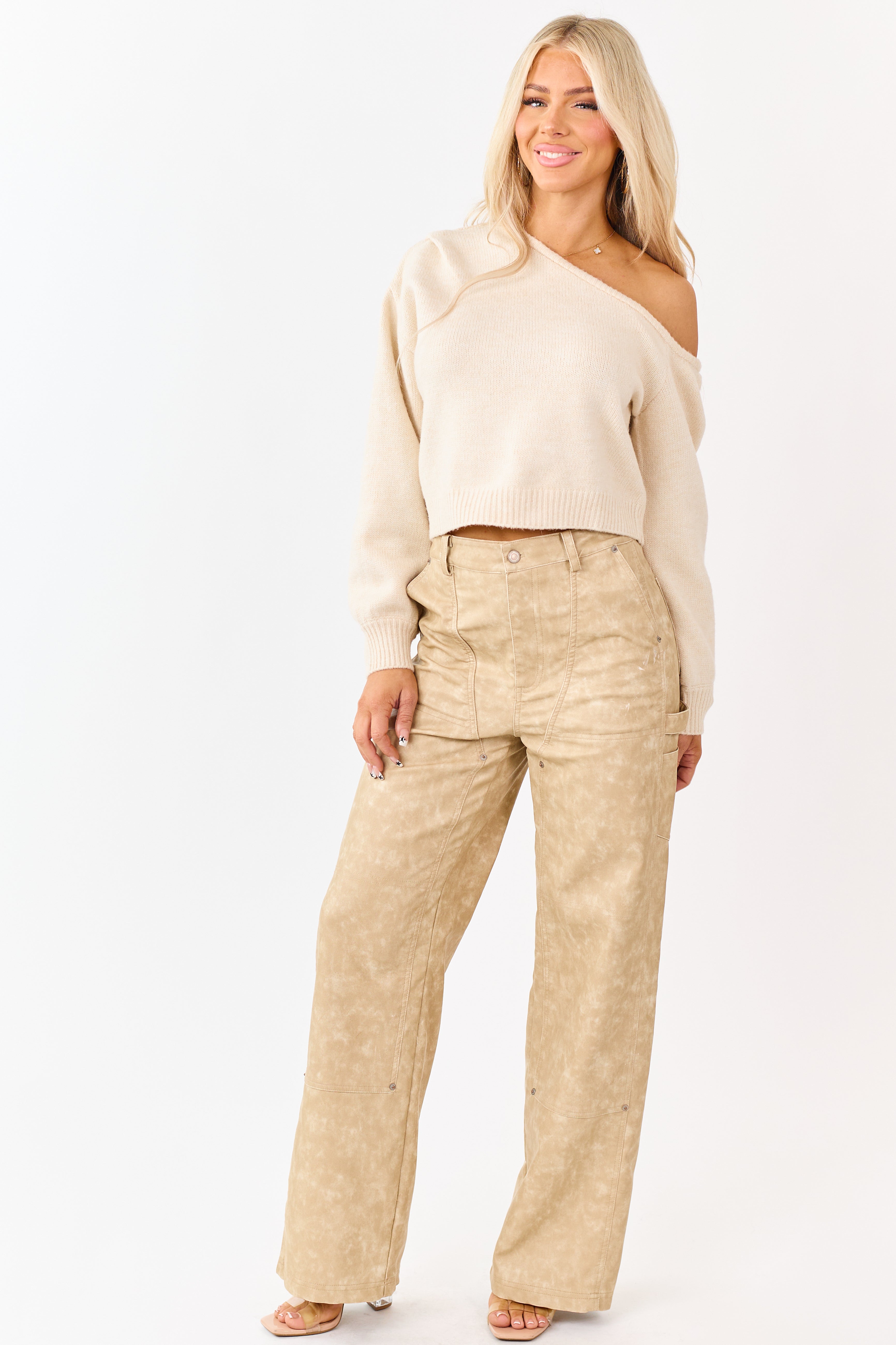 Beige Mineral Wash Faux Leather Wide Leg Pants