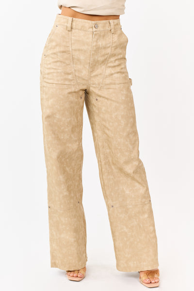 Beige Mineral Wash Faux Leather Wide Leg Pants