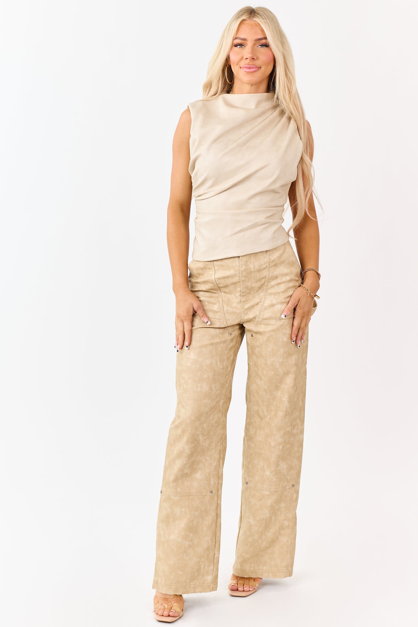Beige Mineral Wash Faux Leather Wide Leg Pants