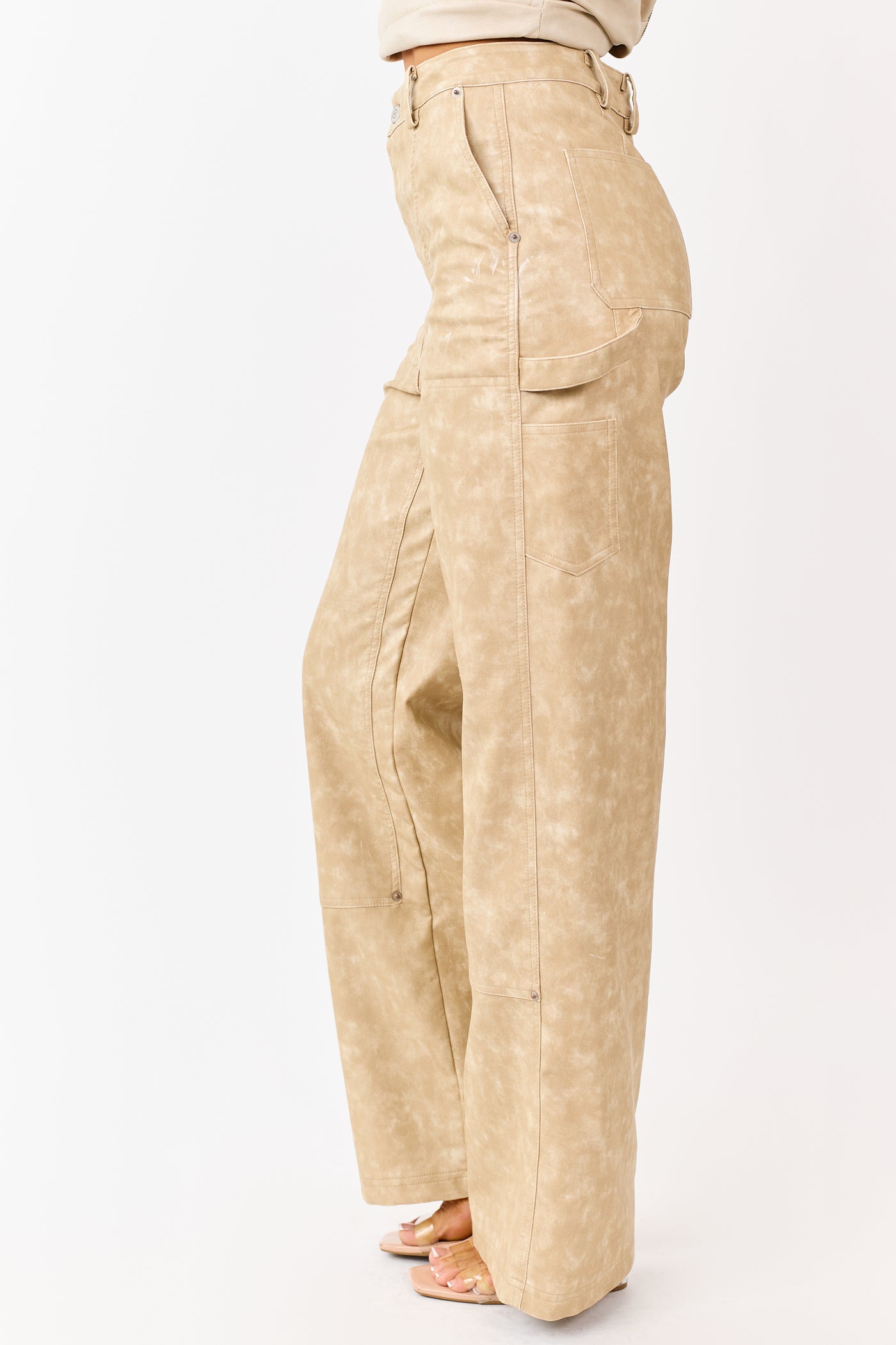 Beige Mineral Wash Faux Leather Wide Leg Pants