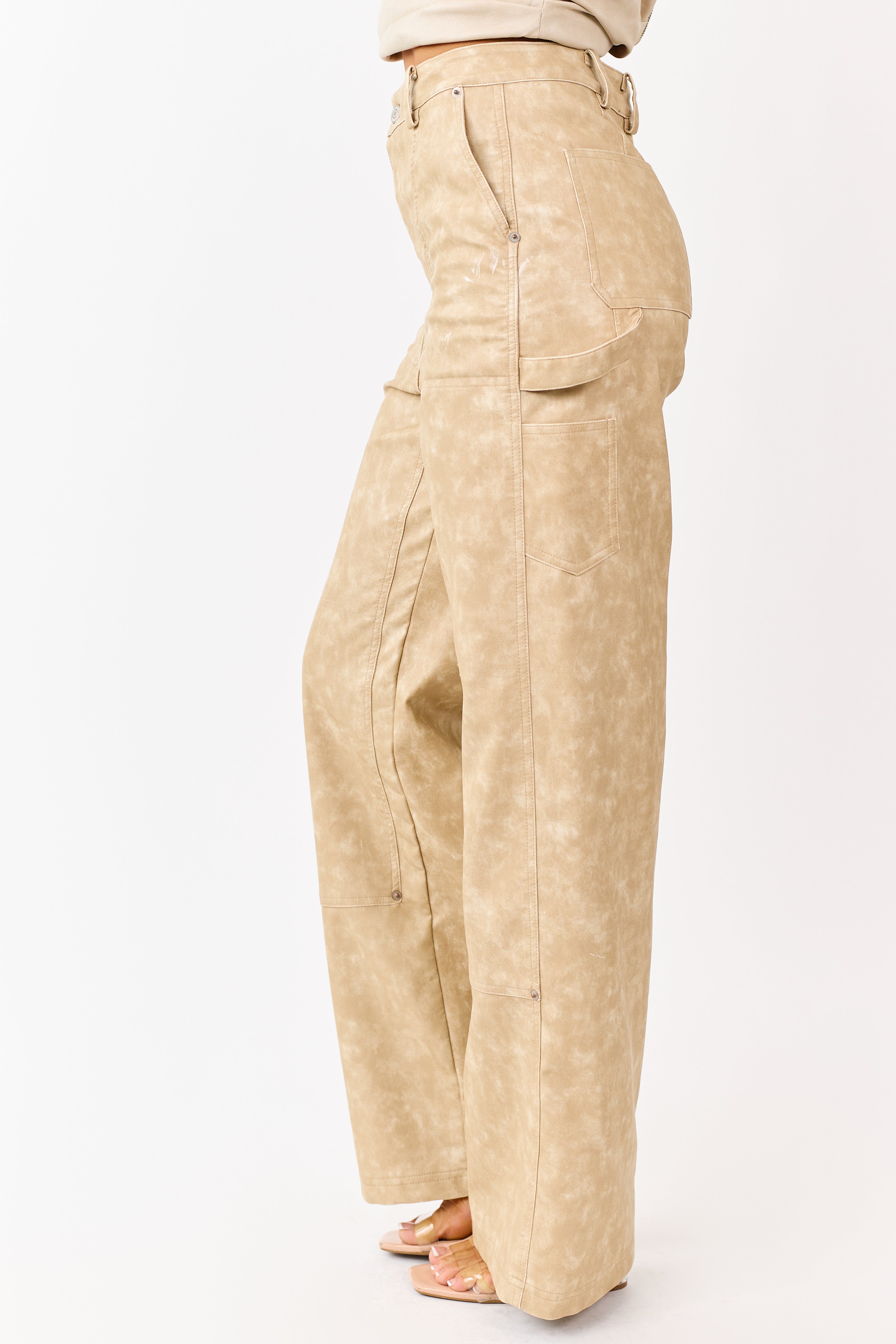 Beige Mineral Wash Faux Leather Wide Leg Pants