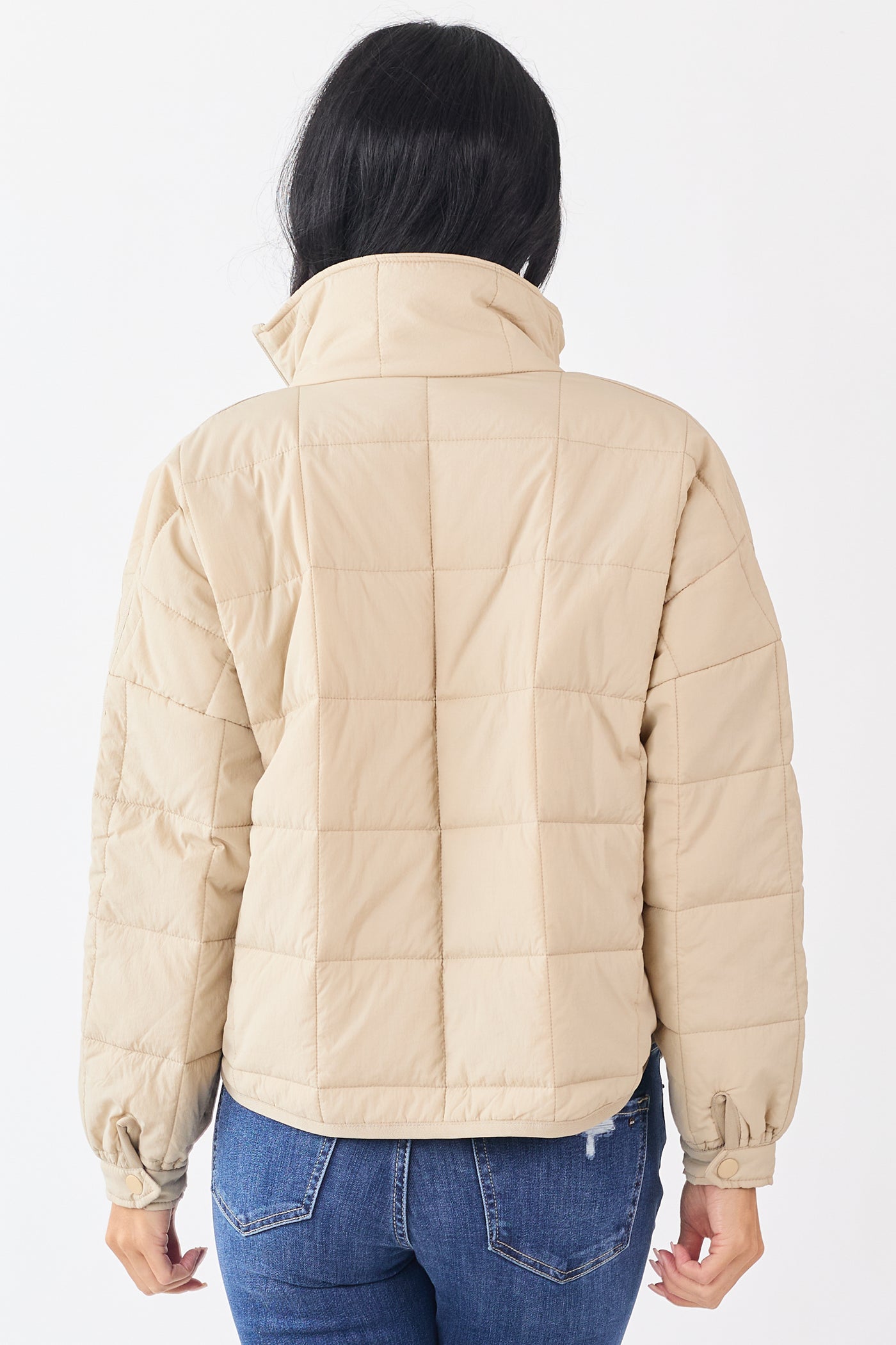 Beige Mock Neck Quilted Square Zip Up Puffer Jacket