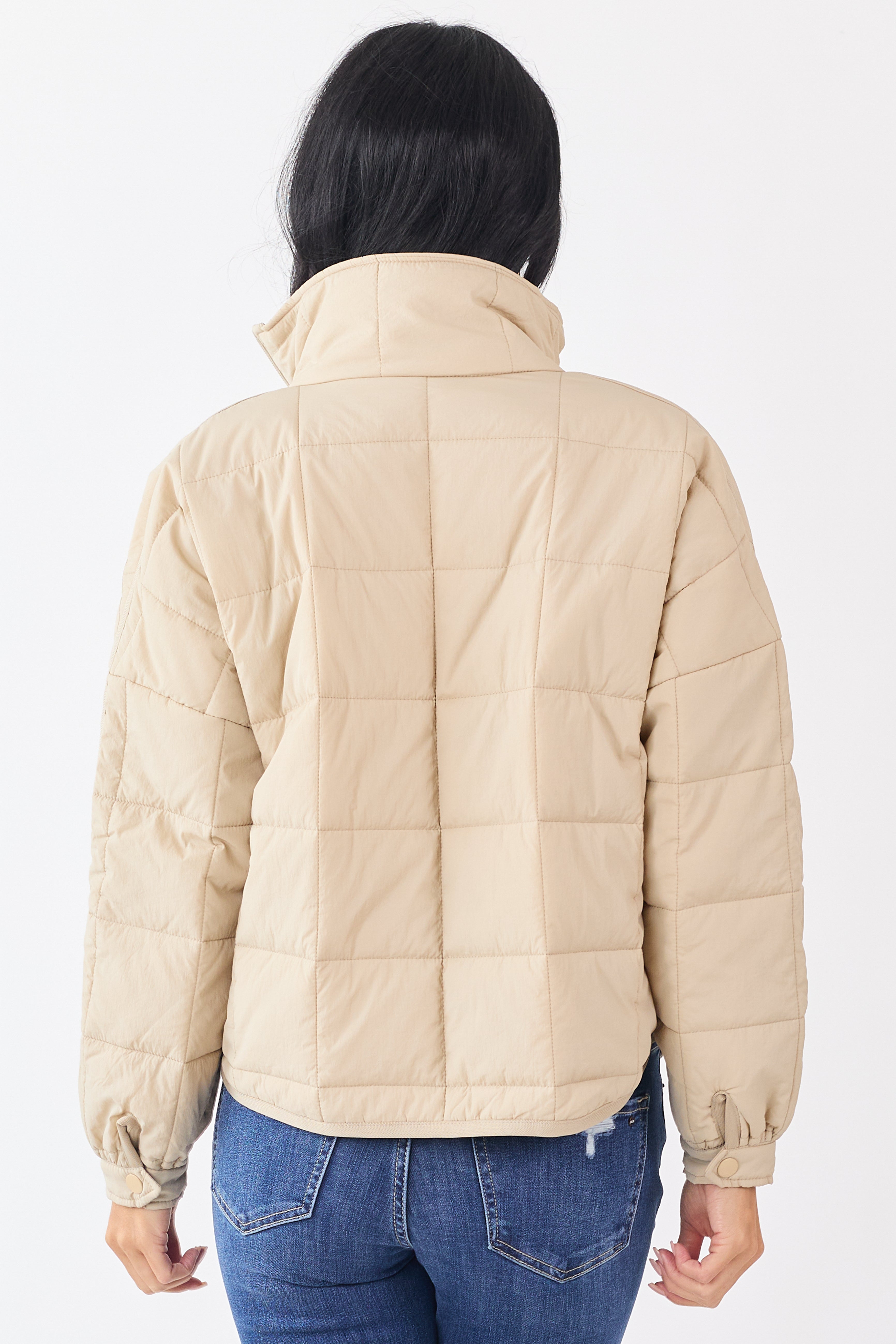 Beige Mock Neck Quilted Square Zip Up Puffer Jacket