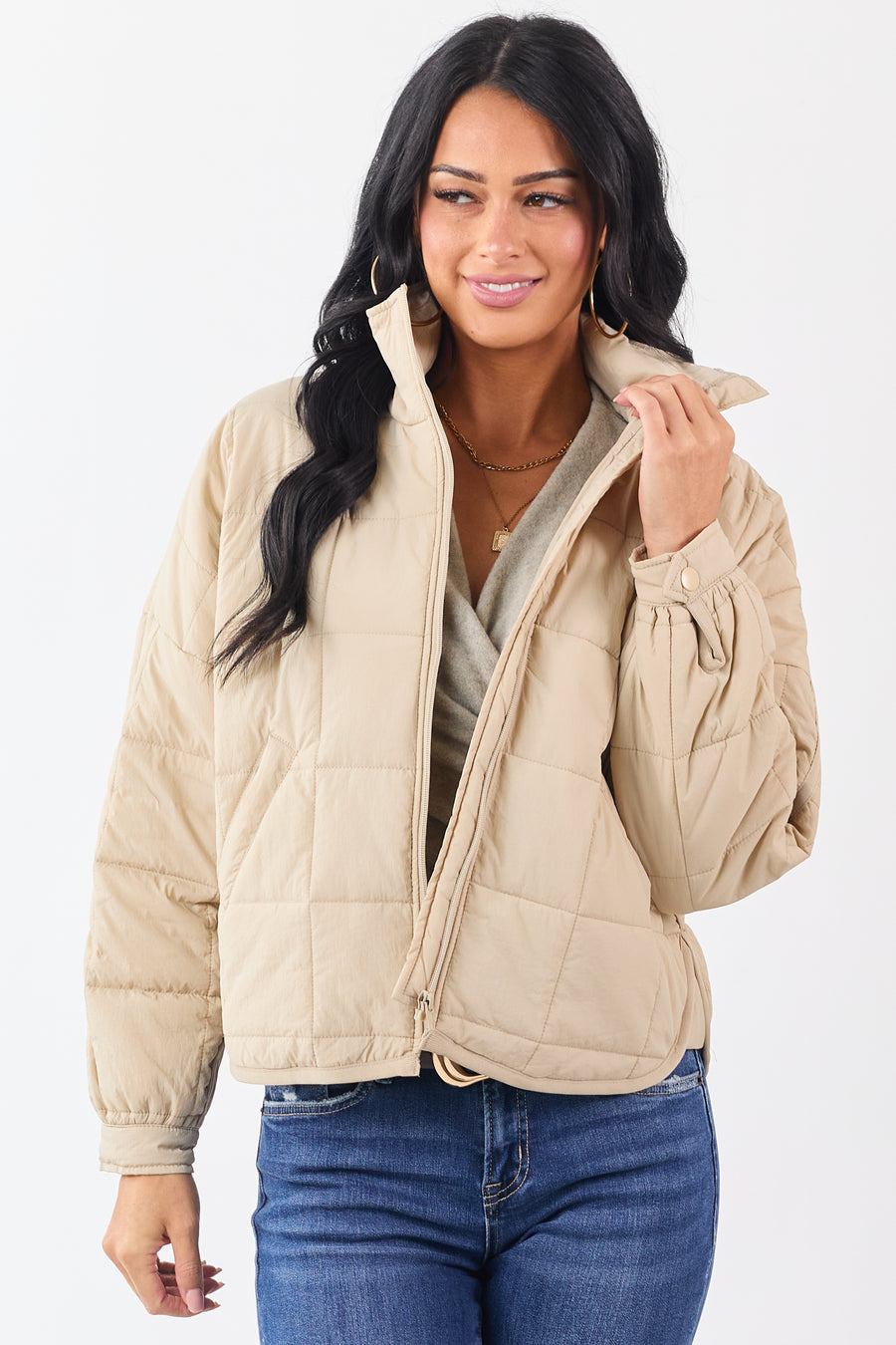 Beige Mock Neck Quilted Square Zip Up Puffer Jacket