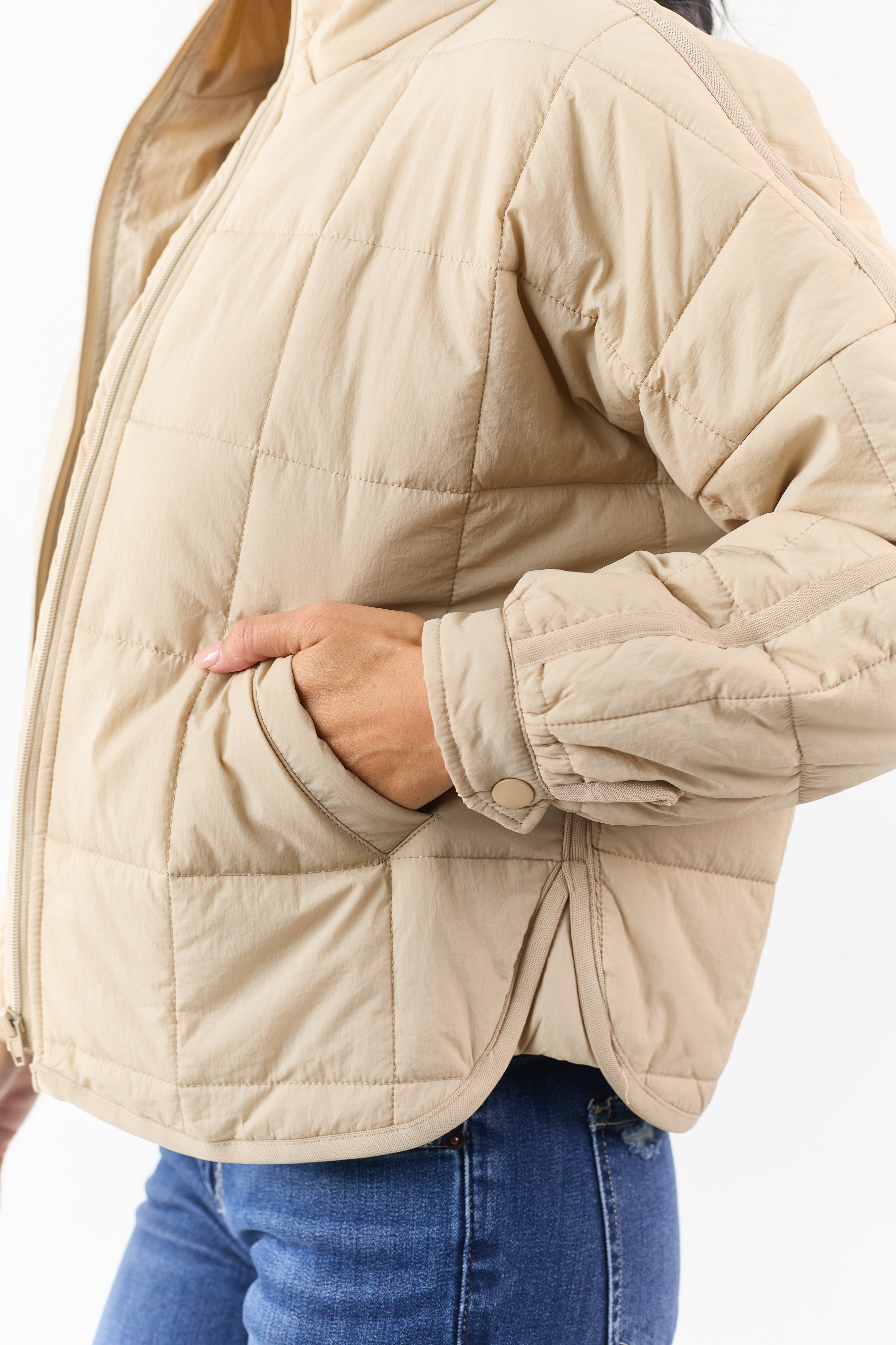 Beige Mock Neck Quilted Square Zip Up Puffer Jacket