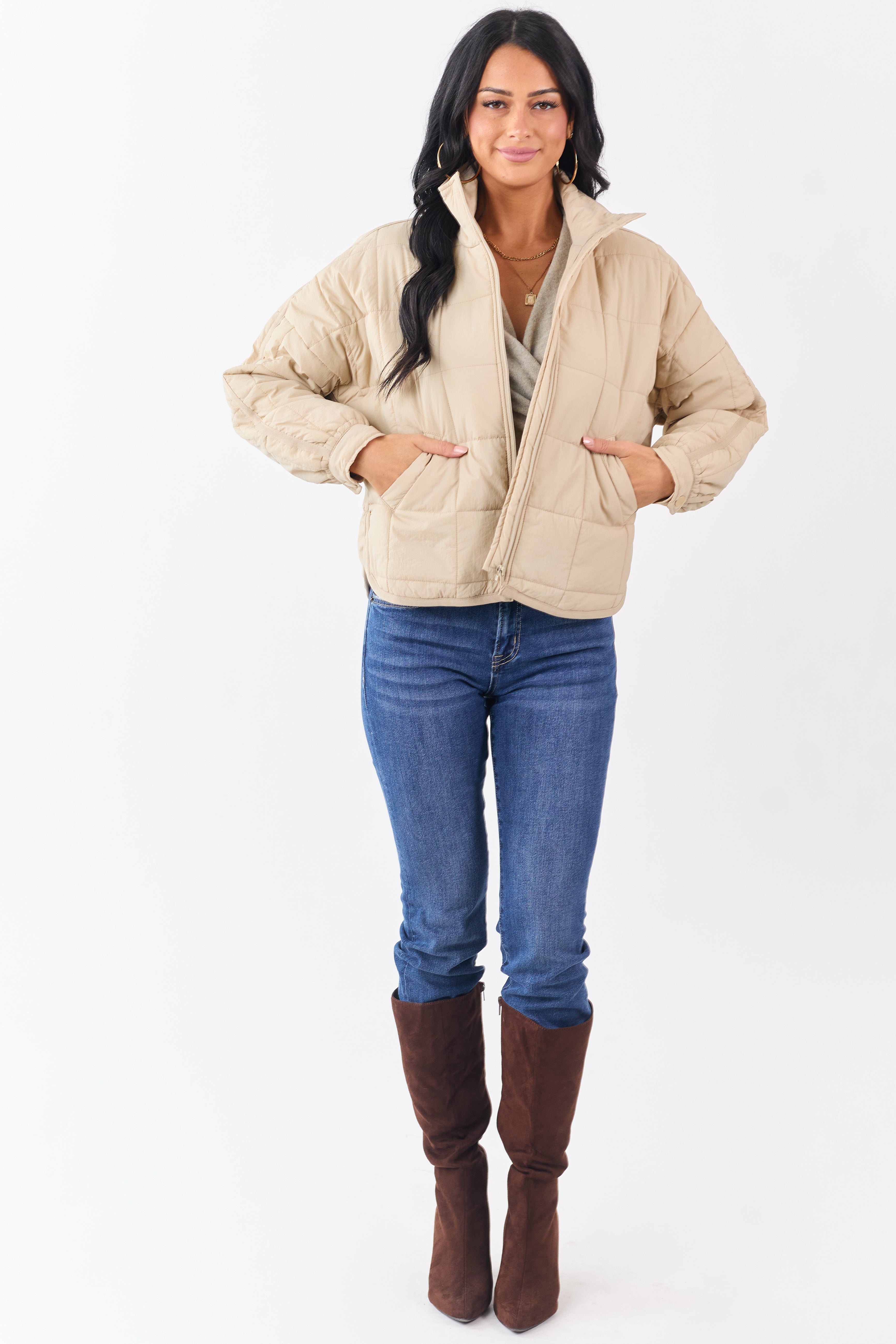 Beige Mock Neck Quilted Square Zip Up Puffer Jacket