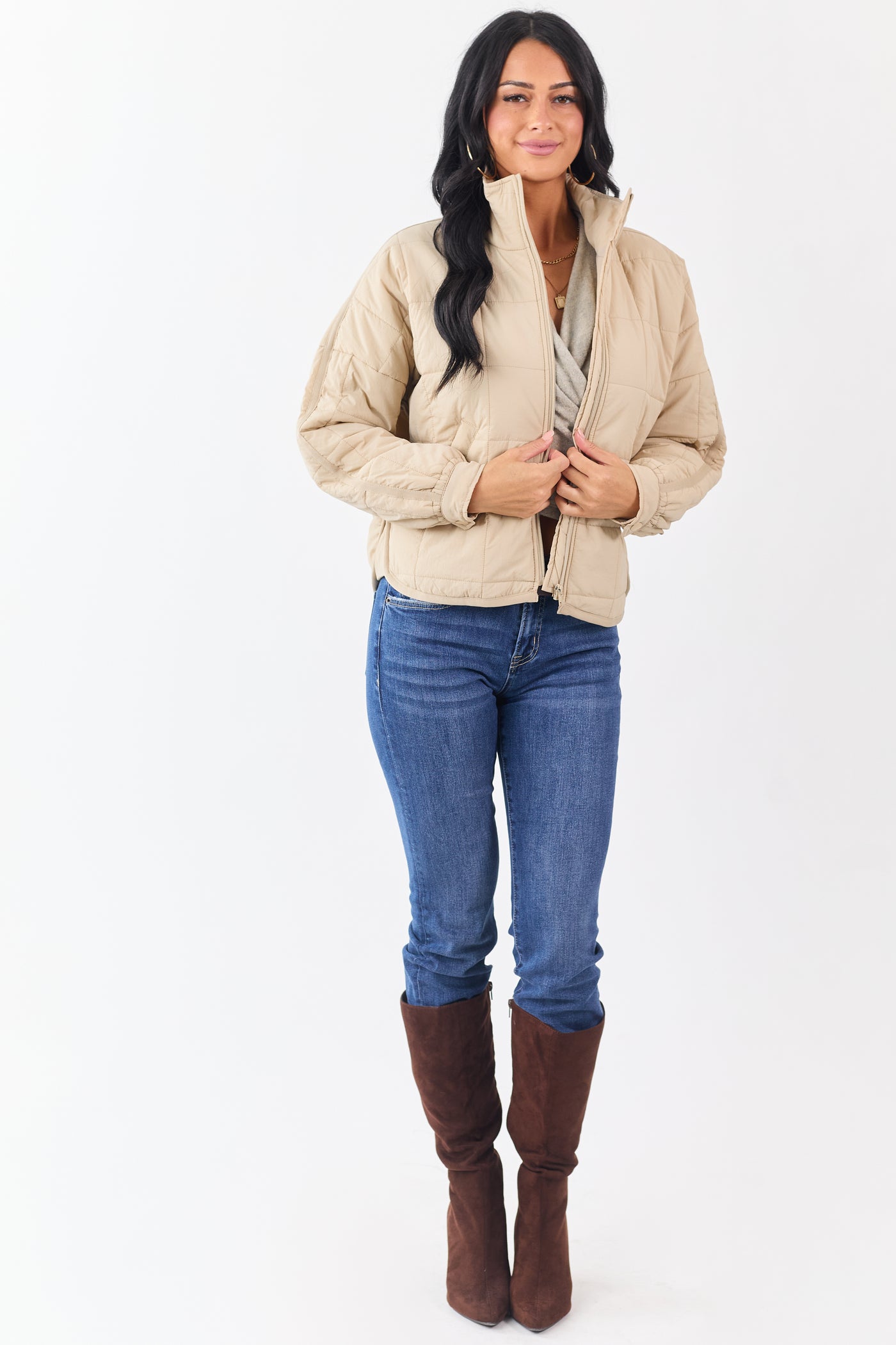 Beige Mock Neck Quilted Square Zip Up Puffer Jacket