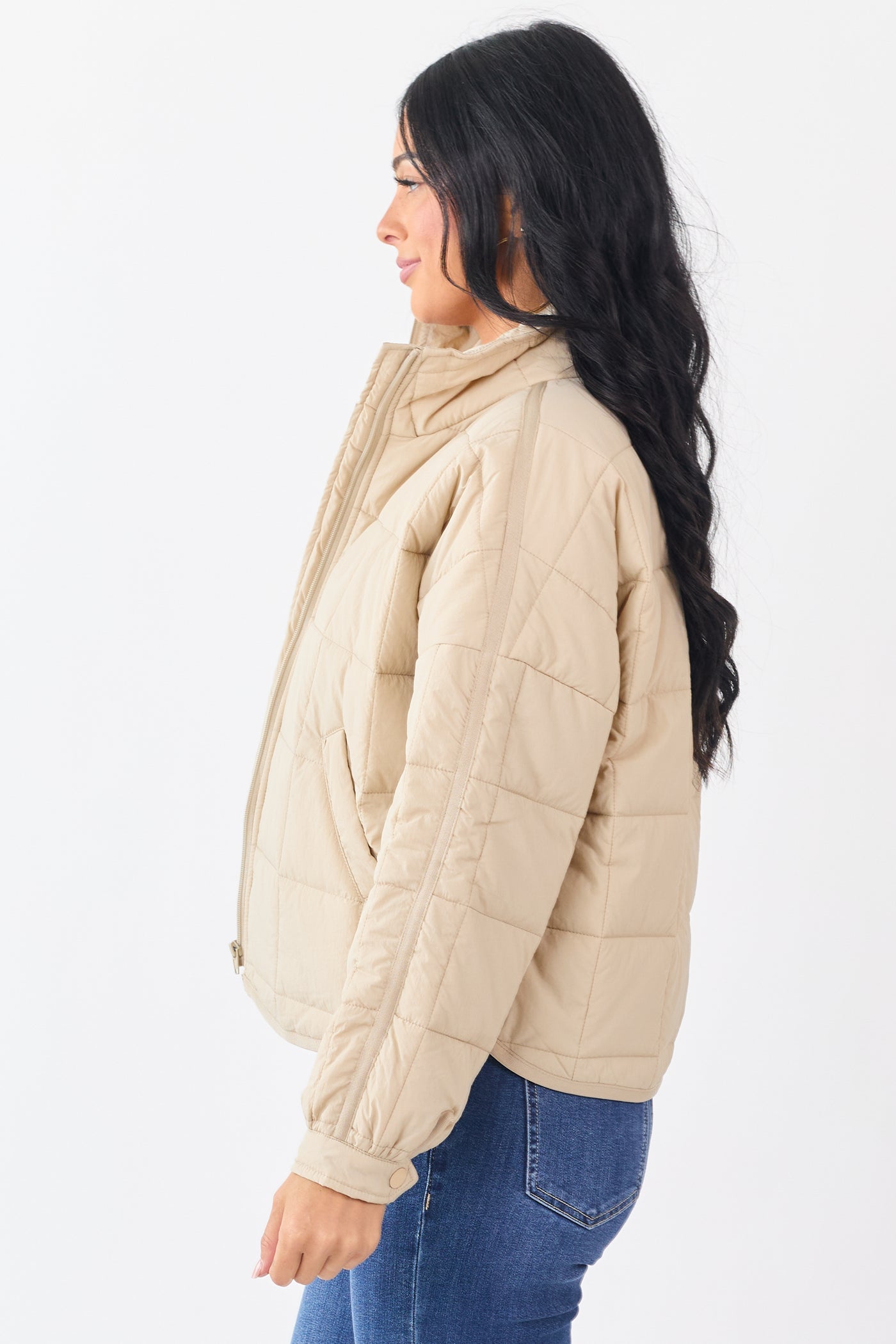 Beige Mock Neck Quilted Square Zip Up Puffer Jacket