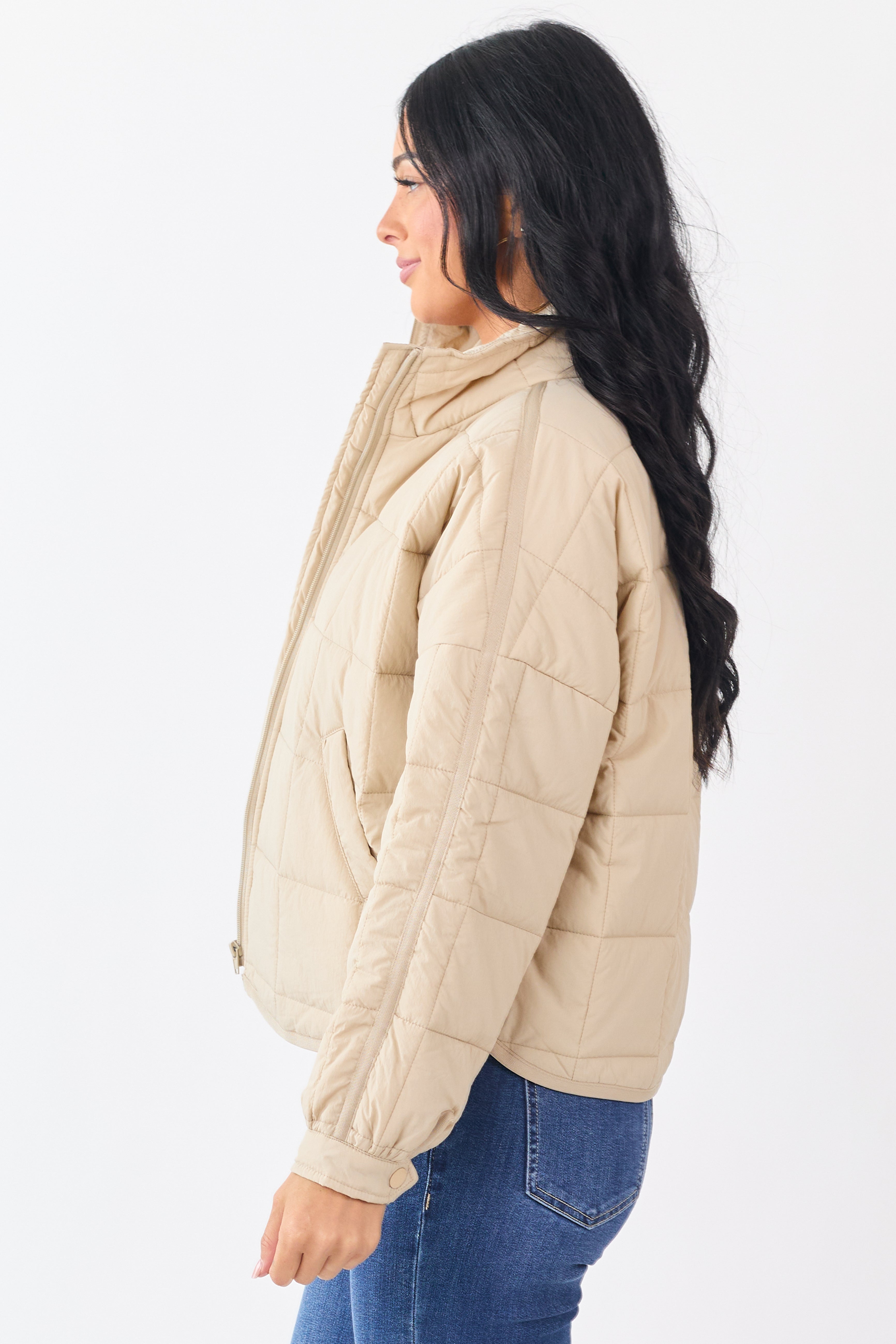 Beige Mock Neck Quilted Square Zip Up Puffer Jacket