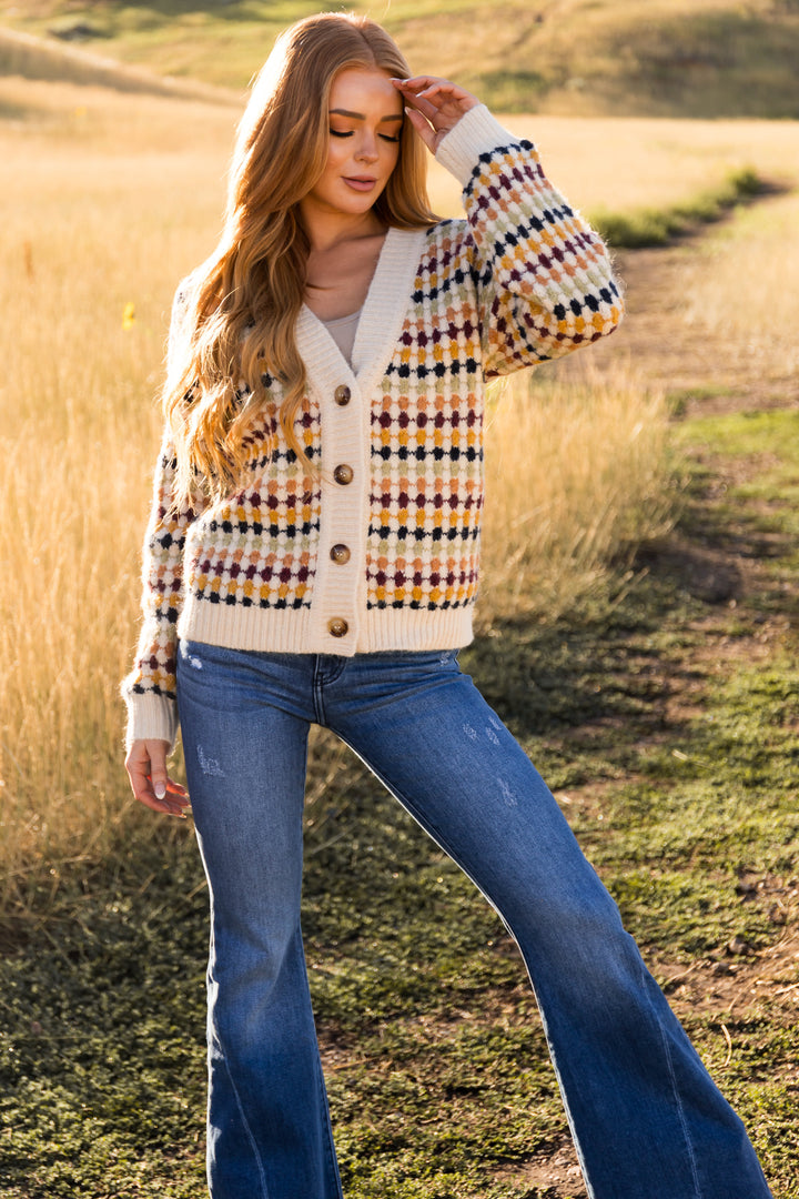 Beige Multicolor Botton Down Sweater Cardigan
