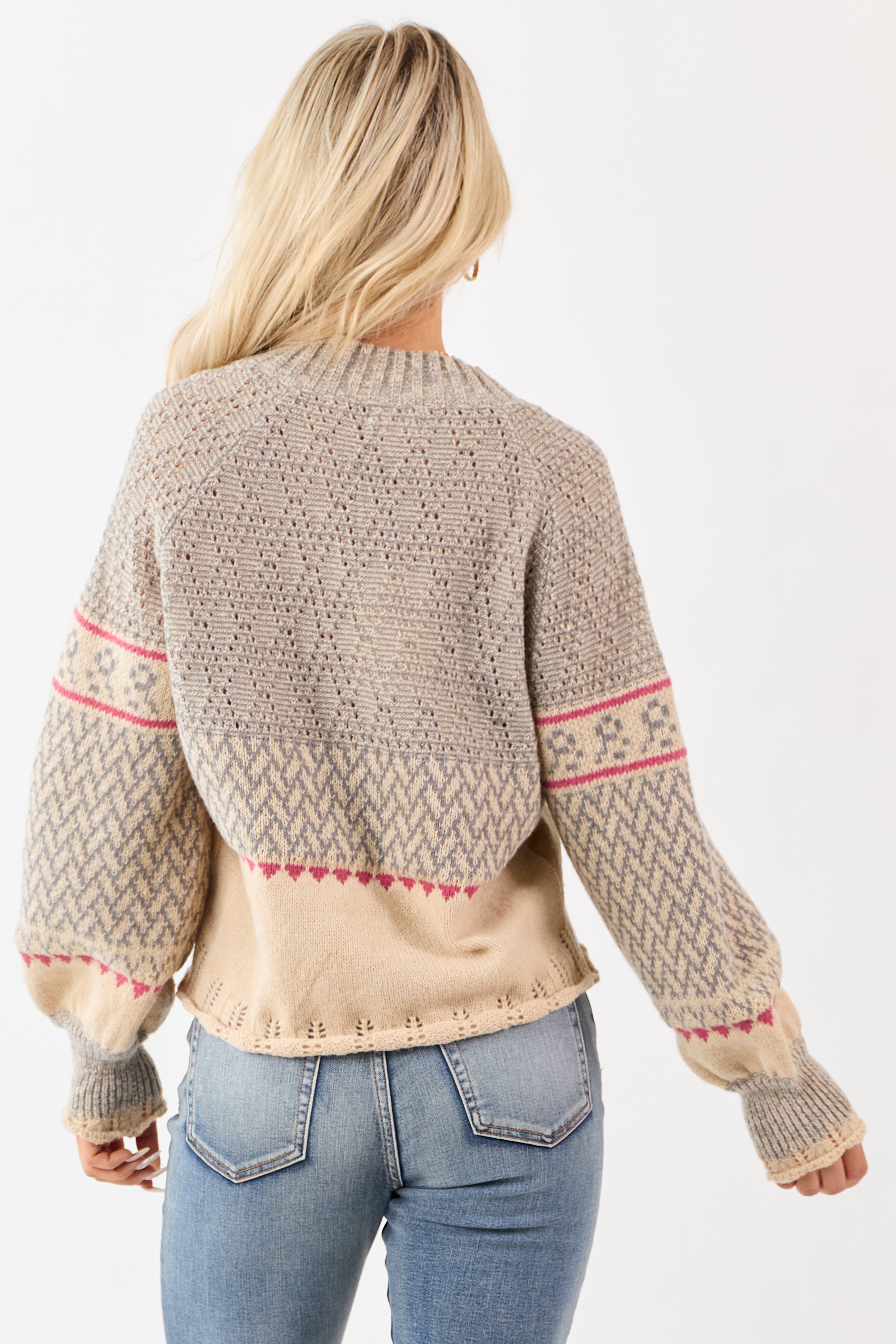 Beige Nordic Print V-Neck Tie Pointelle Knit Sweater