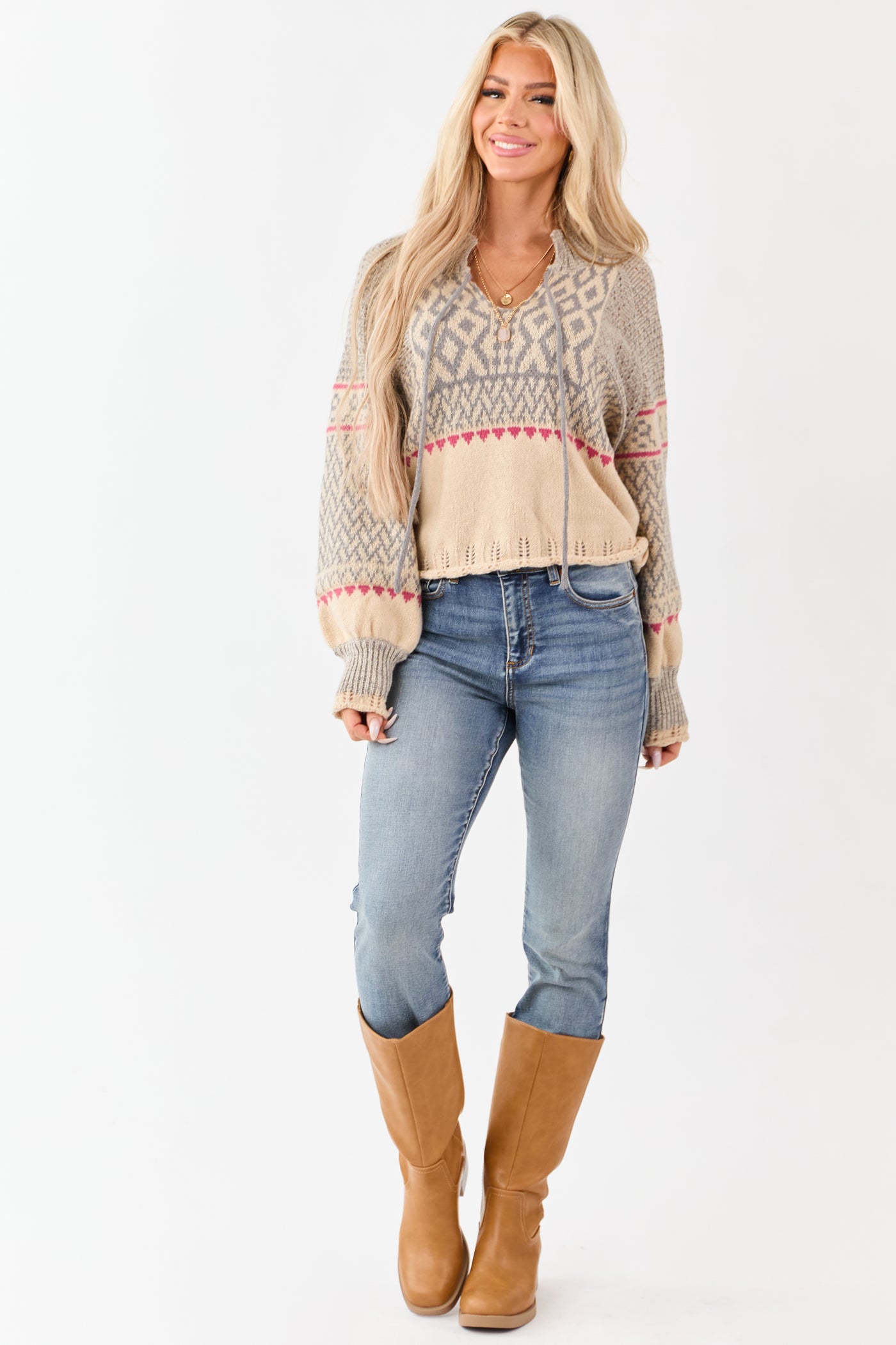 Beige Nordic Print V-Neck Tie Pointelle Knit Sweater