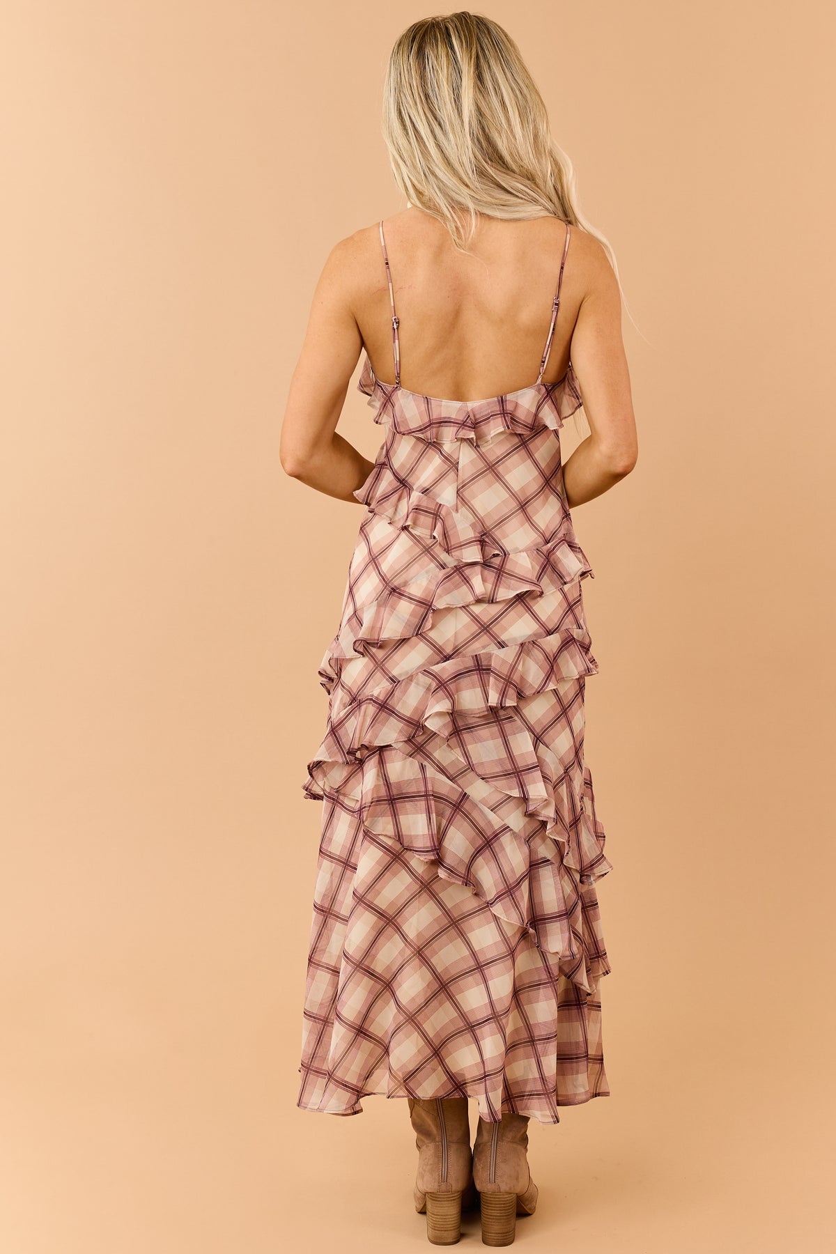 Beige Plaid Ruffled V Neck Sleeveless Maxi Dress
