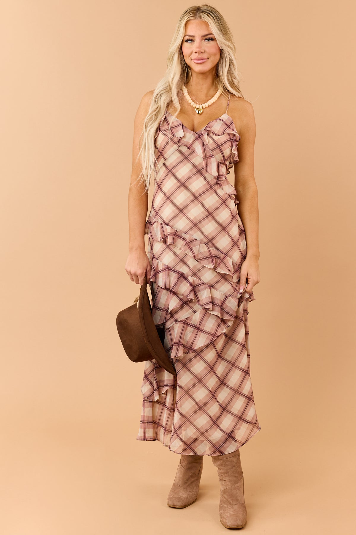 Beige Plaid Ruffled V Neck Sleeveless Maxi Dress