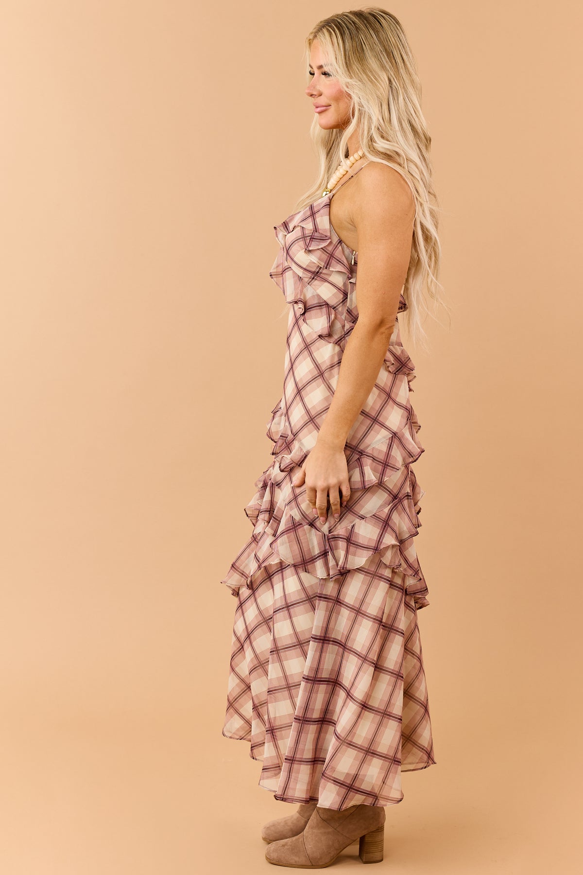 Beige Plaid Ruffled V Neck Sleeveless Maxi Dress