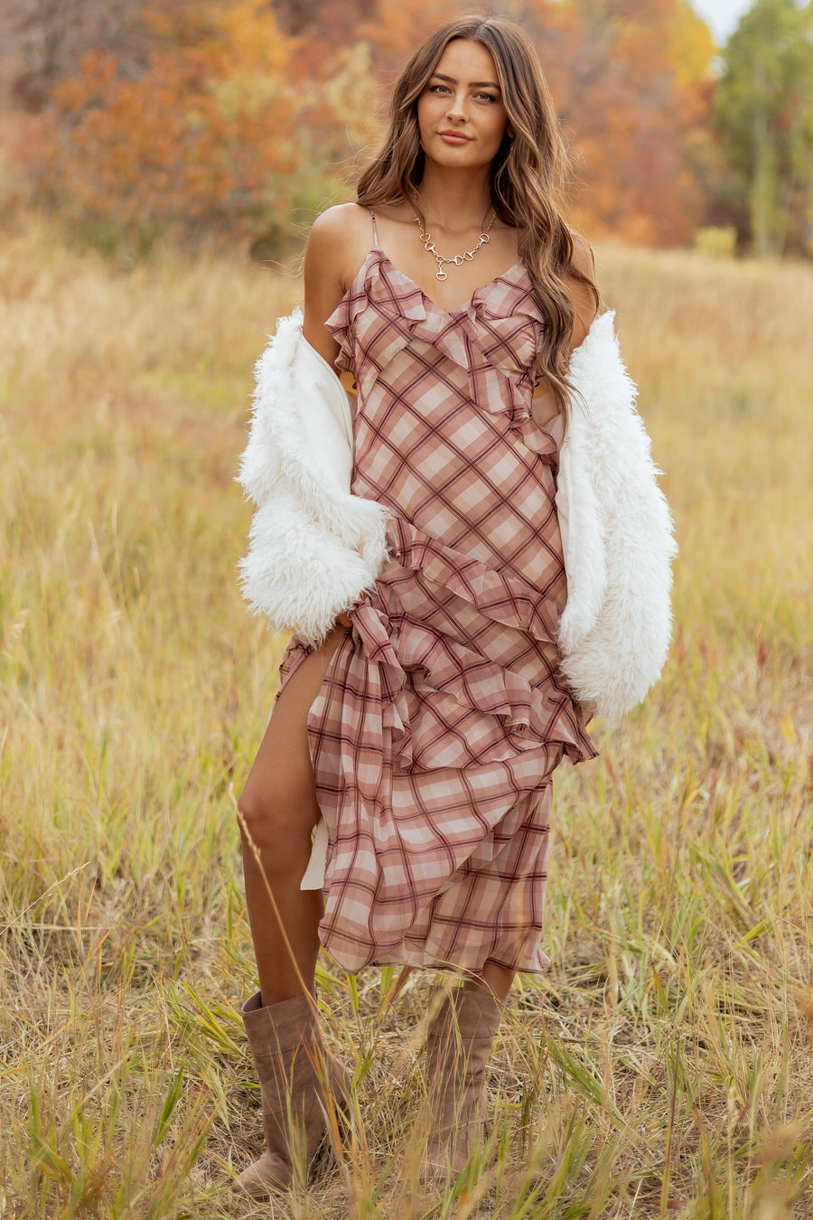 Beige Plaid Ruffled V Neck Sleeveless Maxi Dress