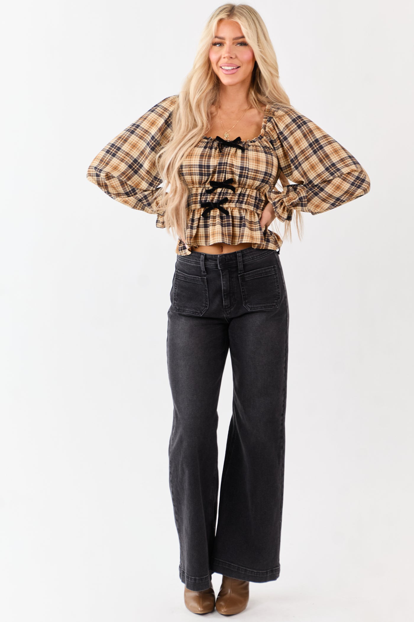 Beige Plaid Velvet Bow Detail Square Neck Top