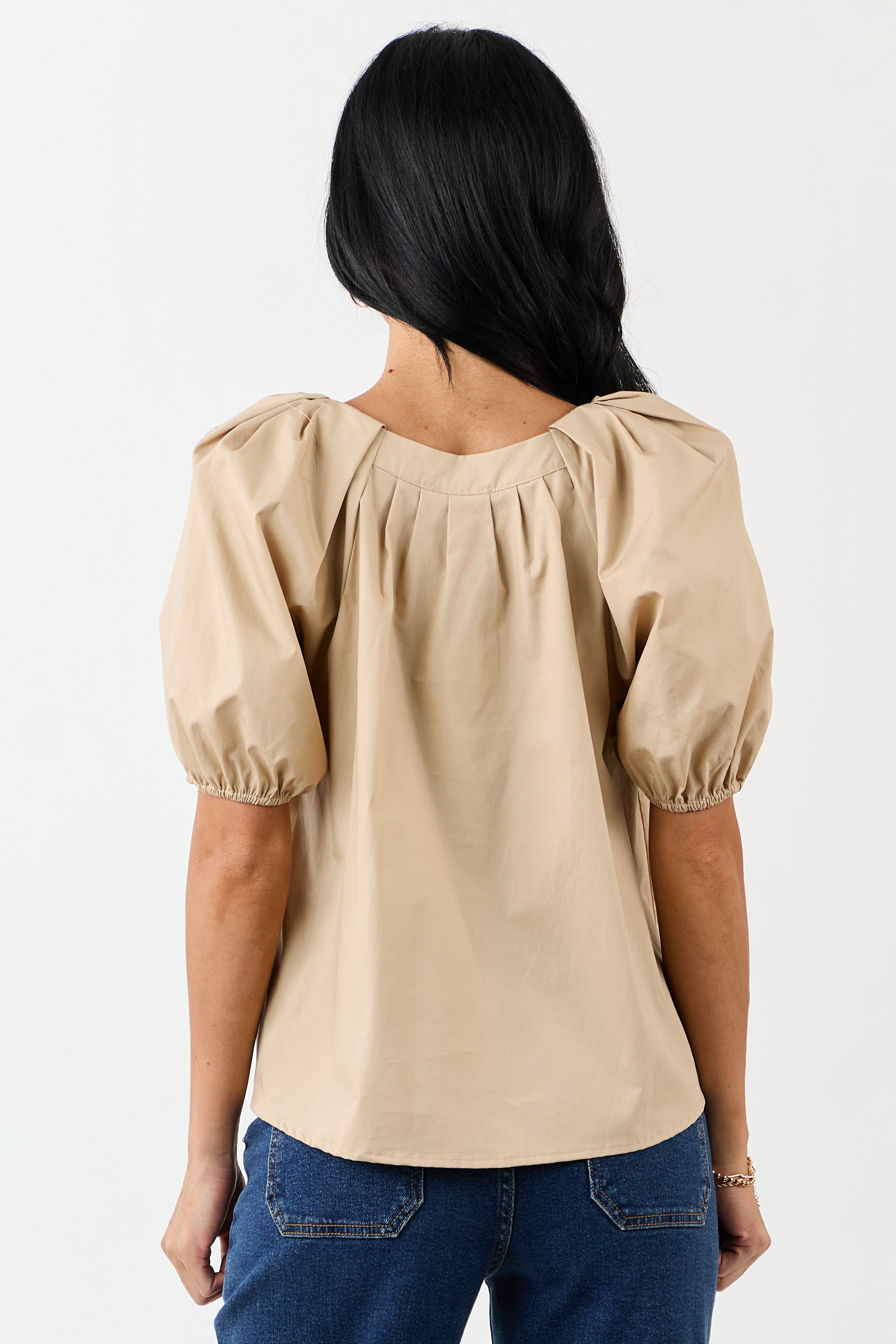 Beige Pleated Half Puff Sleeve Cotton Top