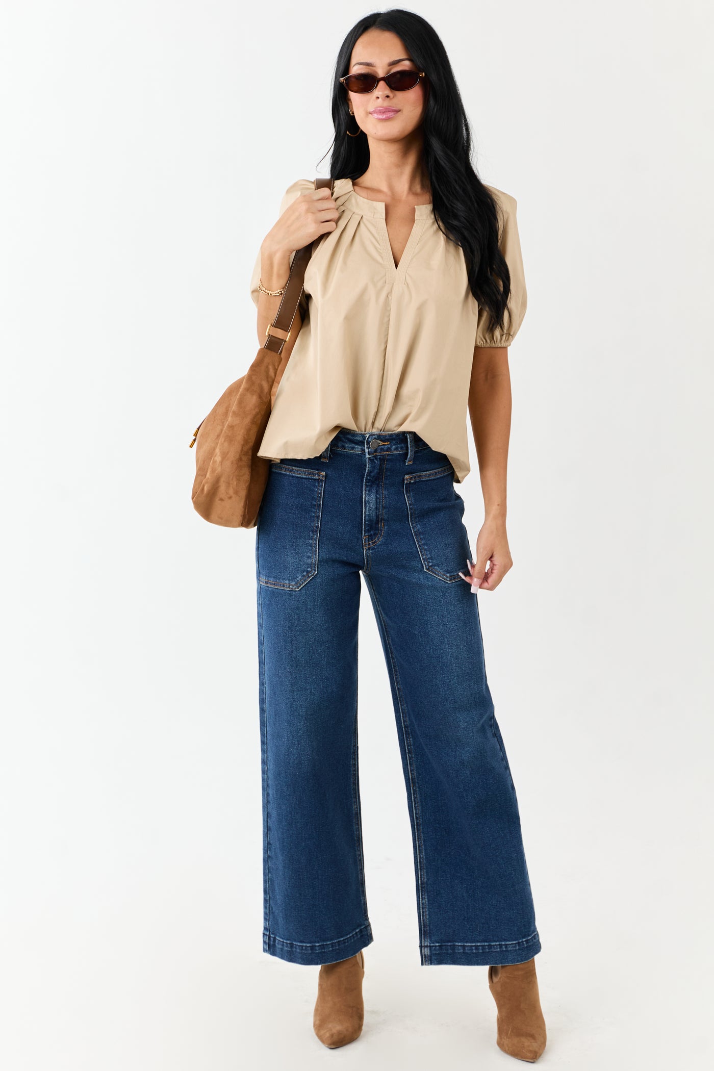 Beige Pleated Half Puff Sleeve Cotton Top