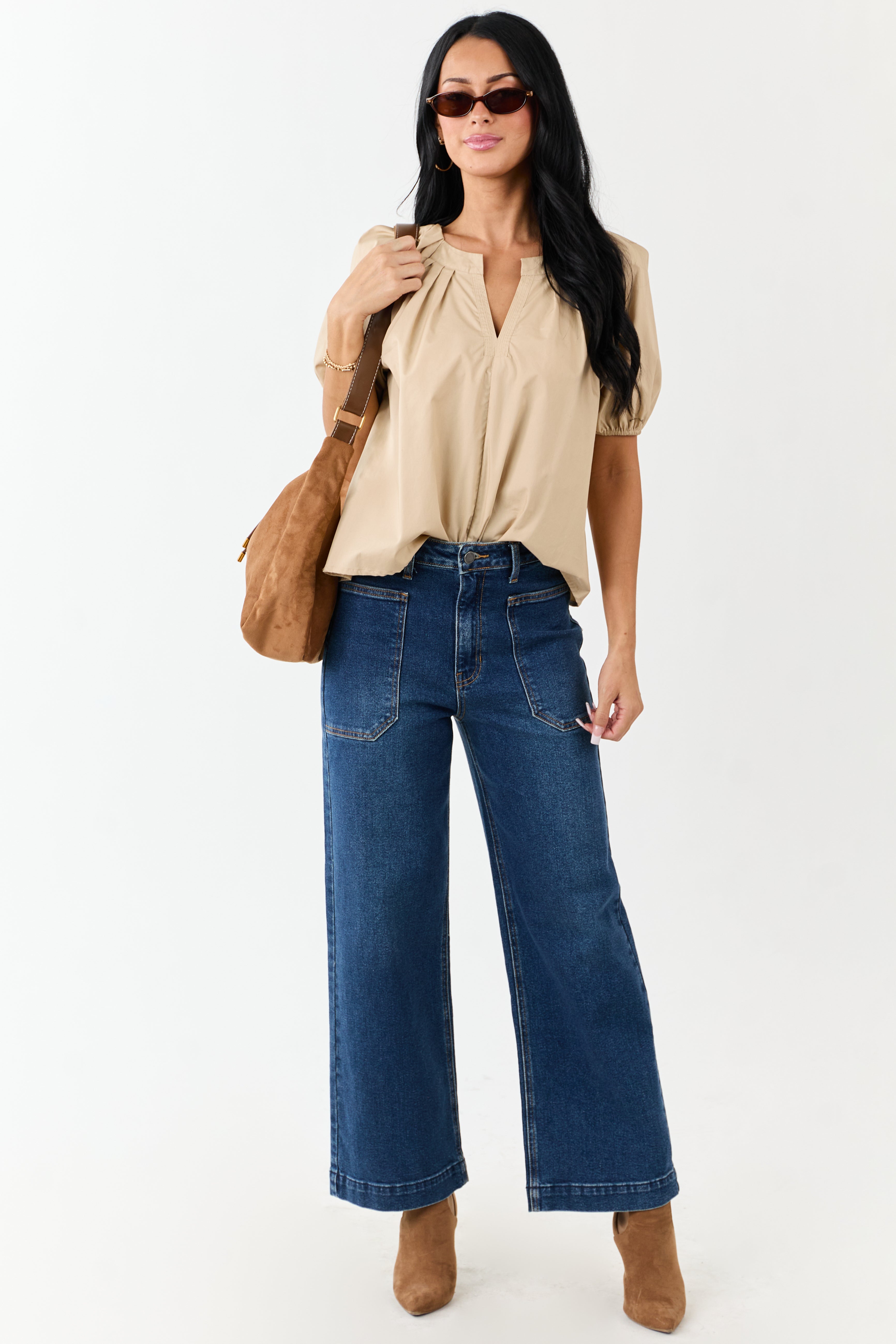 Beige Pleated Half Puff Sleeve Cotton Top