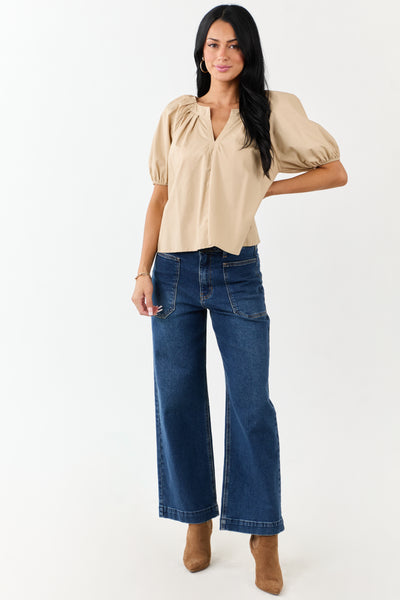 Beige Pleated Half Puff Sleeve Cotton Top