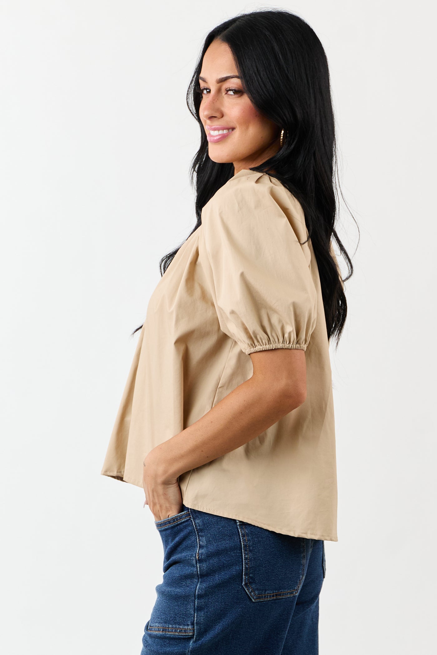 Beige Pleated Half Puff Sleeve Cotton Top