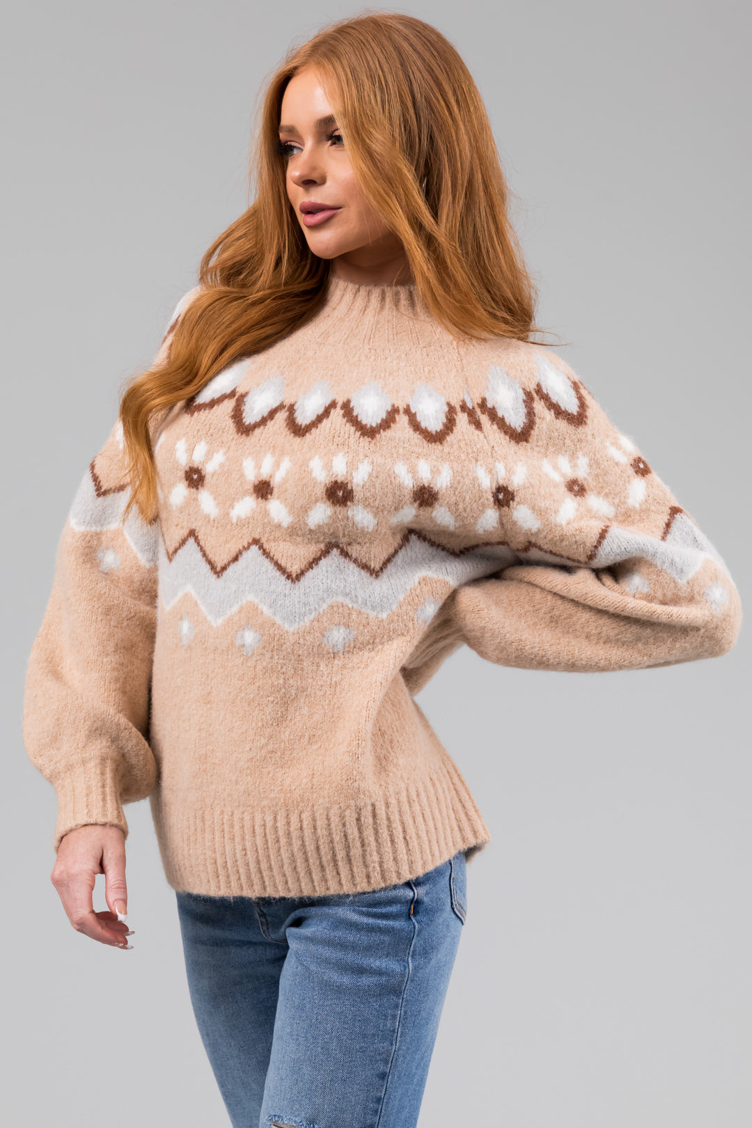 Beige Printed Mock Neck Fuzzy Sweater