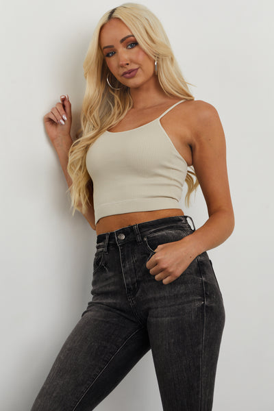 Beige Ribbed Seamless Padded Cropped Cami