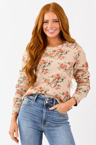 Beige Rose Print Waffle Knit Long Sleeve Top | Lime Lush Boutique