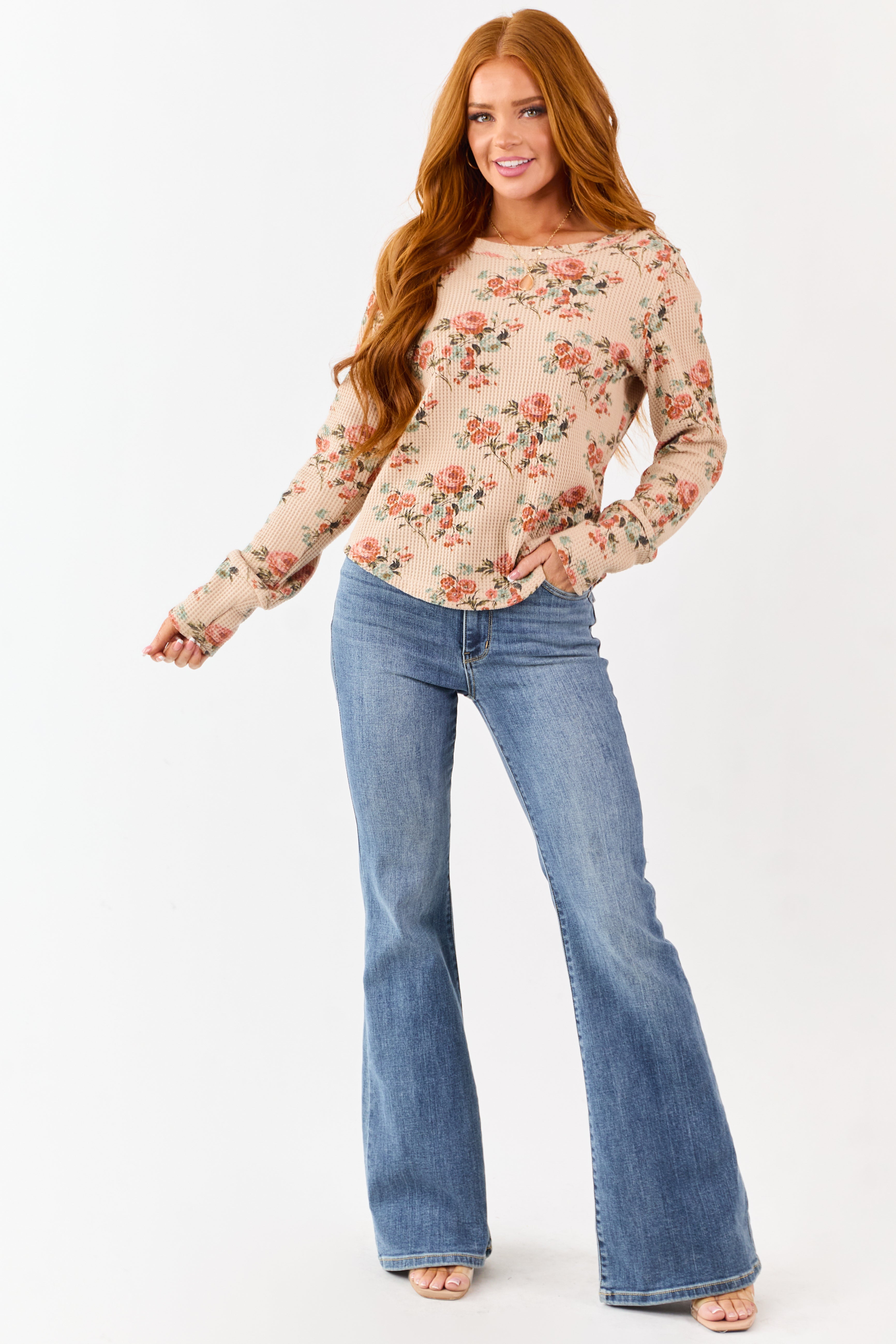 Beige Rose Print Waffle Knit Long Sleeve Top | Lime Lush Boutique