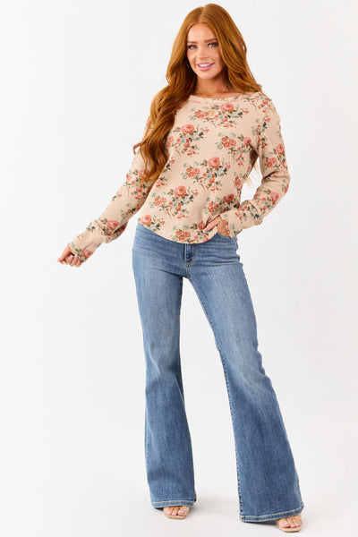 Beige Rose Print Waffle Knit Long Sleeve Top