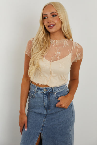 Beige Sheer Cropped Lace Top with Tank Top Lining