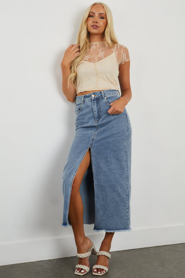 Beige Sheer Cropped Lace Top with Tank Top Lining