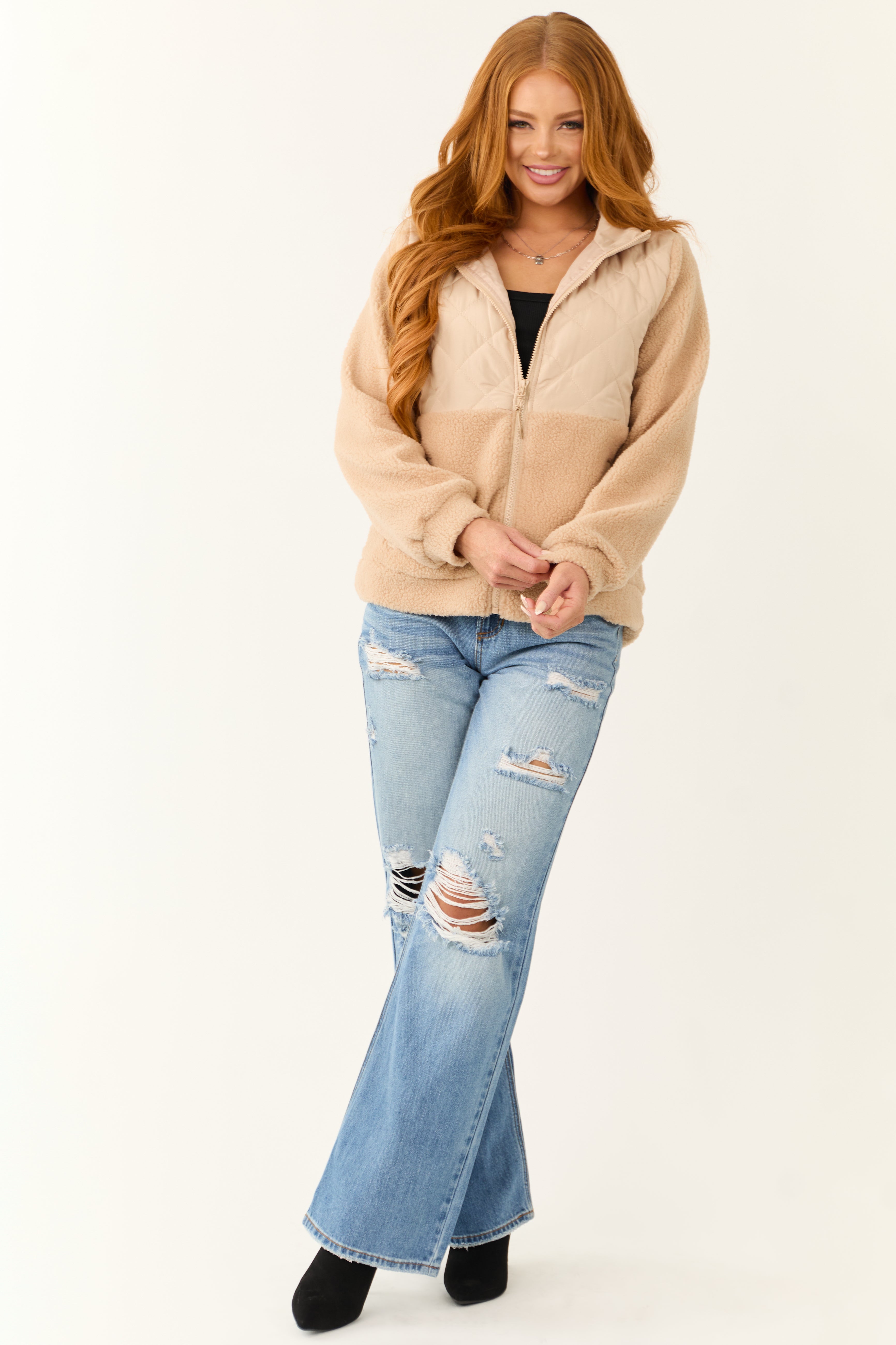 Beige Sherpa Quilted Zip Up Mock Neck Jacket | Lime Lush Boutique